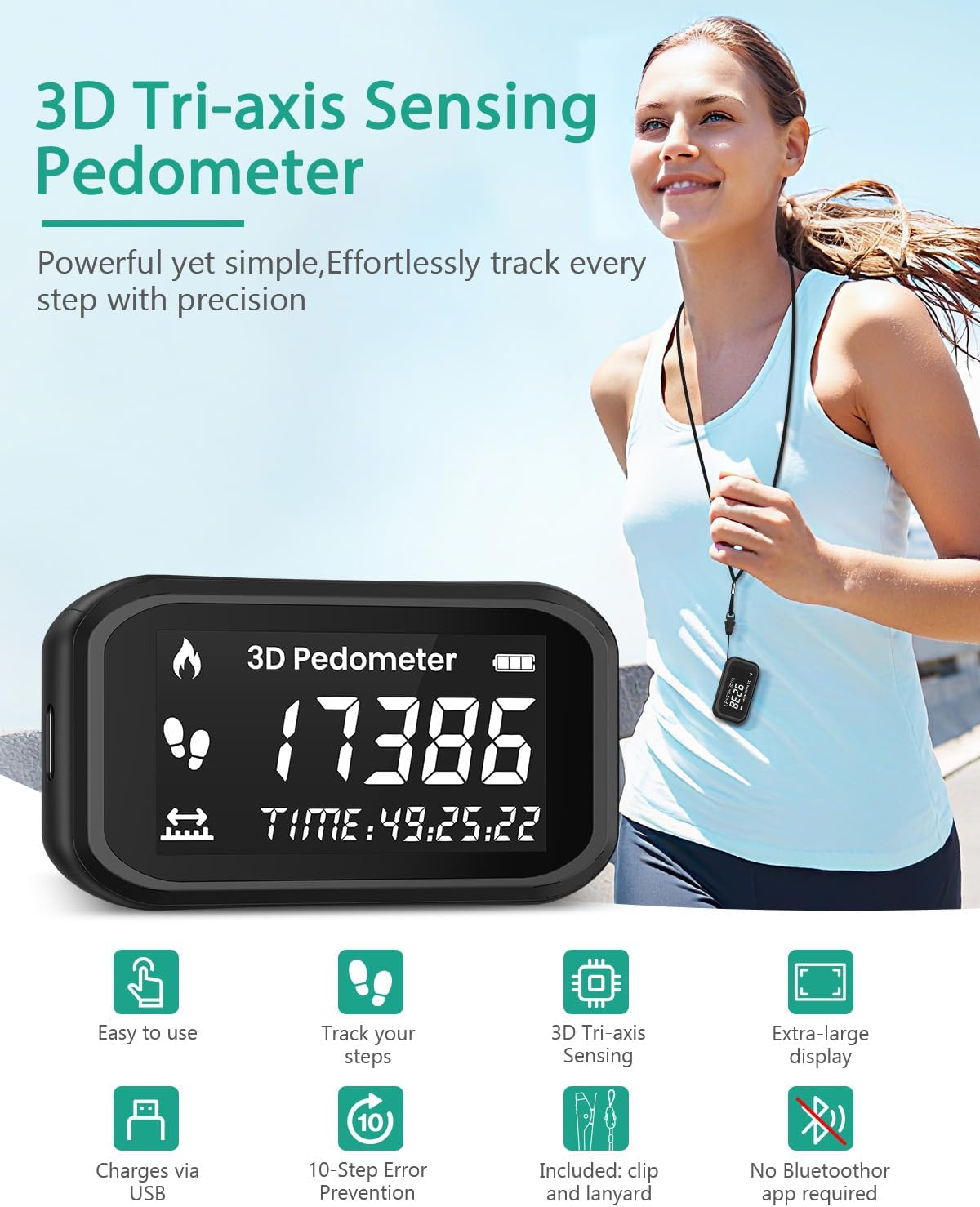 3D Schrittzähler Clips, ORIA Pedometer Schrittzähler, Einfacher Fitness Tracker Fußgelenk Rollator wasserdichter Kalorienzähler für Senioren Damen Kinder, Lanyard,Uhr, Ohne App und Handy,Hosentasche – Bild 2