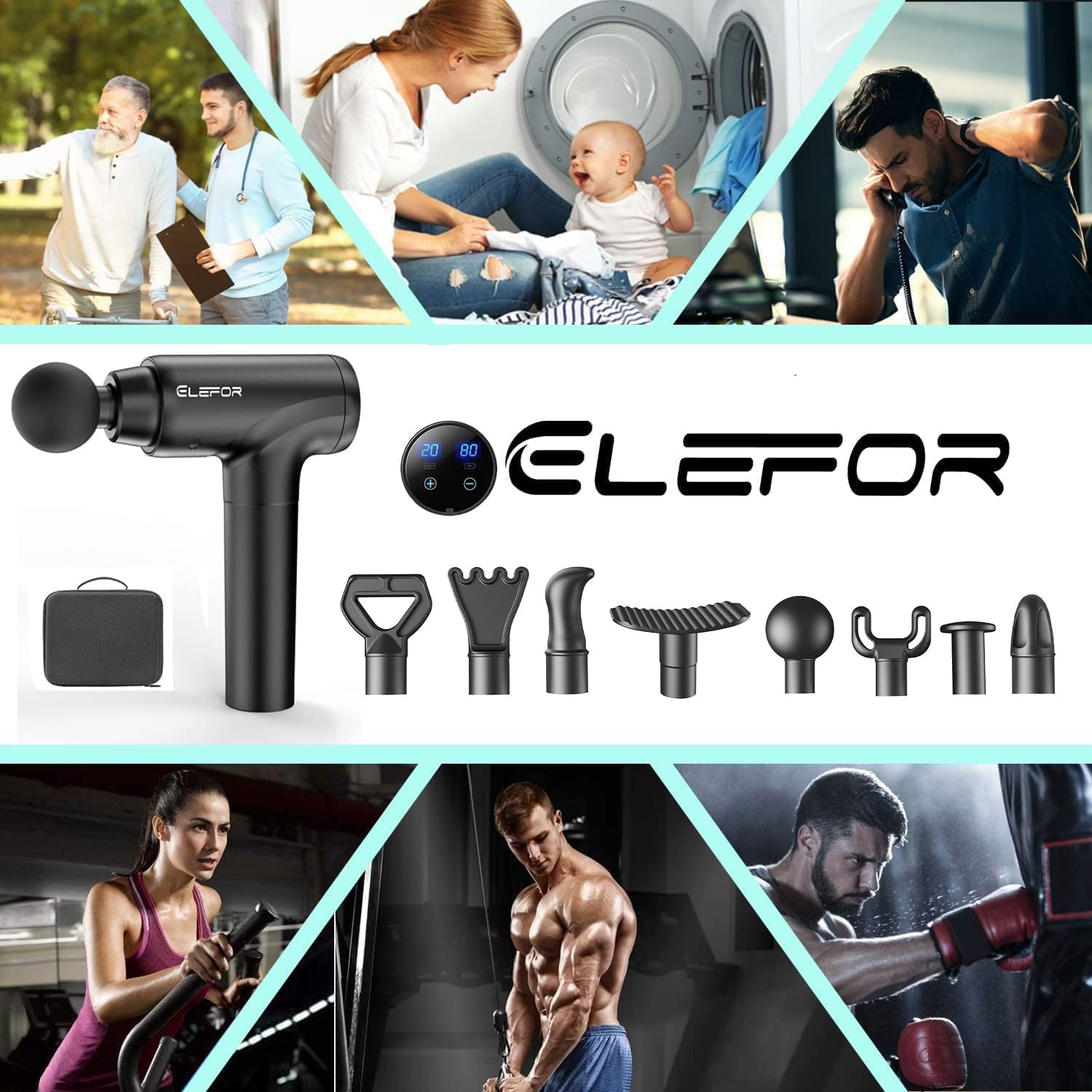 Massagepistole, Deep Tissue Percussion Rückenmassagegerät für Sportler, Muskelmassagepistole zur Schmerzlinderung, mit 8 Massageköpfen und 20 Geschwindigkeiten (Mattschwarz) – Bild 8