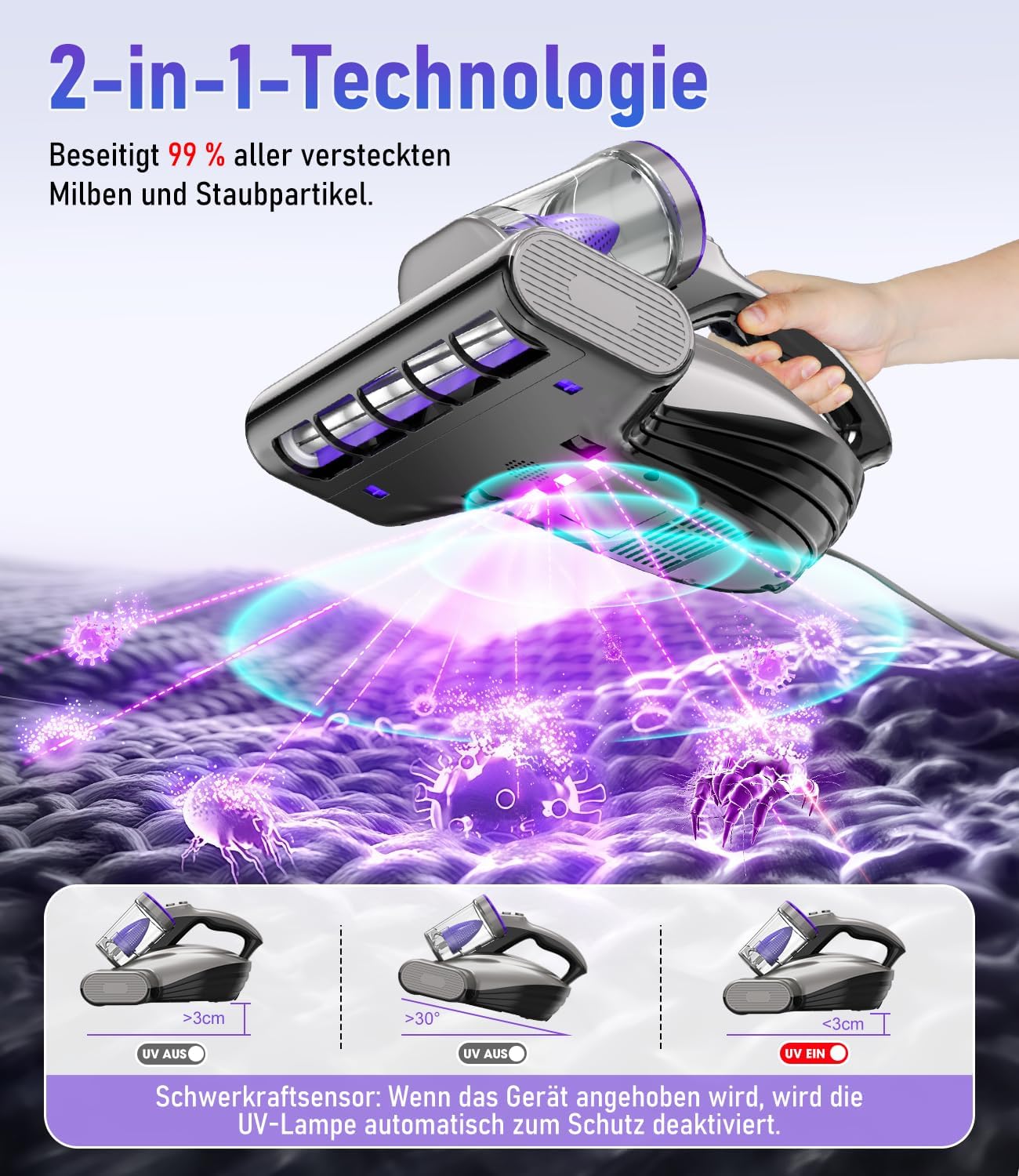PEXCHO PM600 Milbenstaubsauger mit UV-Licht, 500 W Matratzenstaubsauger für Allergiker, Filter zur Entfernung von 99,9 % der Hausstaubmilben, Allergene, Tierhaare aus Matratzen, Teppichen und Sofas – Bild 3