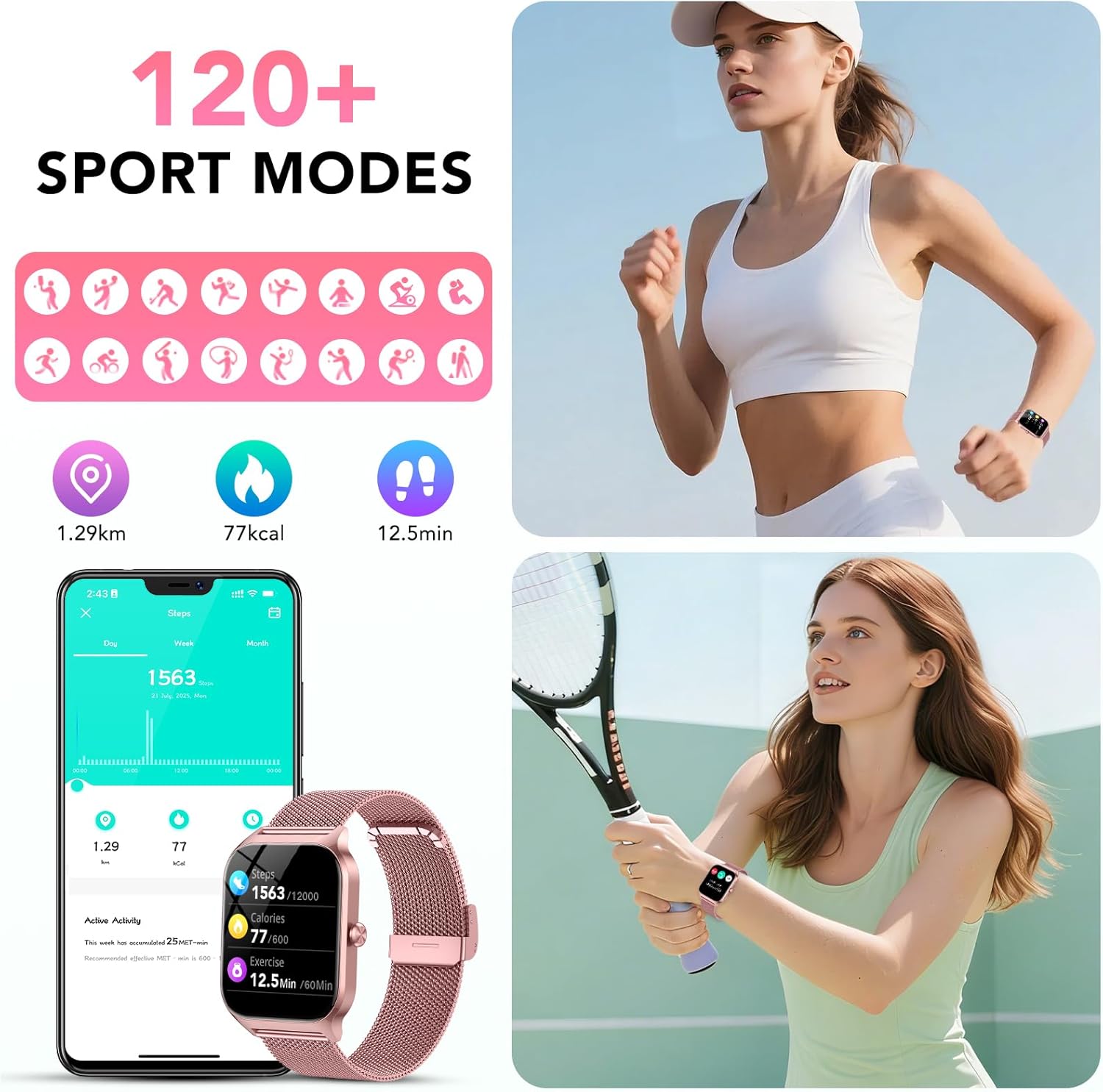 Damen-Smartwatch mit Telefonfunktion, 1,85 Zoll HD-Fitnessuhr, Smartwatch 200+ Sportmodi, Fitness-Tracker mit Herzfrequenz/Spo2/Schrittzähler/Schlafmonitor, IP68 wasserdichte Sportuhr für iOS – Bild 4