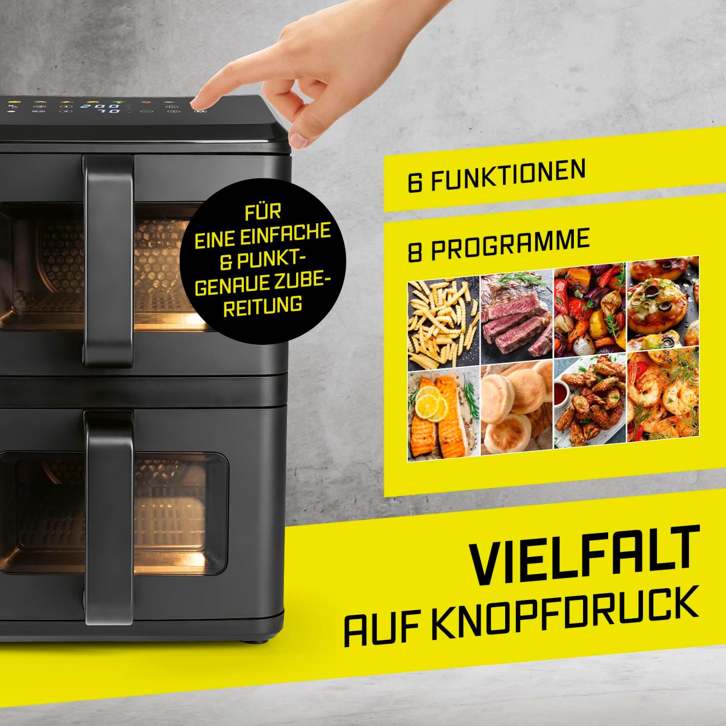 GOURMETmaxx FryUp Vertikale Doppelkammer-Heißluftfritteuse mit Sichtfenster – 10 l | Airfryer mit 9,8 Zoll mehrfarbigem LED-Touch-Display und 11 Programmen | Heißluftfritteuse 2 Kammern mit Oberhitze – Bild 6