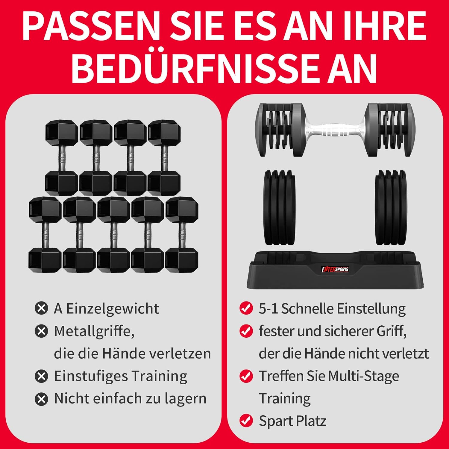 EnterSports 12 kg x 2 verstellbare Hanteln, verstellbare platzsparende Hanteln, rutschfester Griff, 5 Gewichtsstufen: 2–12 kg, gut für Zuhause, Büro, Fitnessstudio, Körpertraining – Bild 3