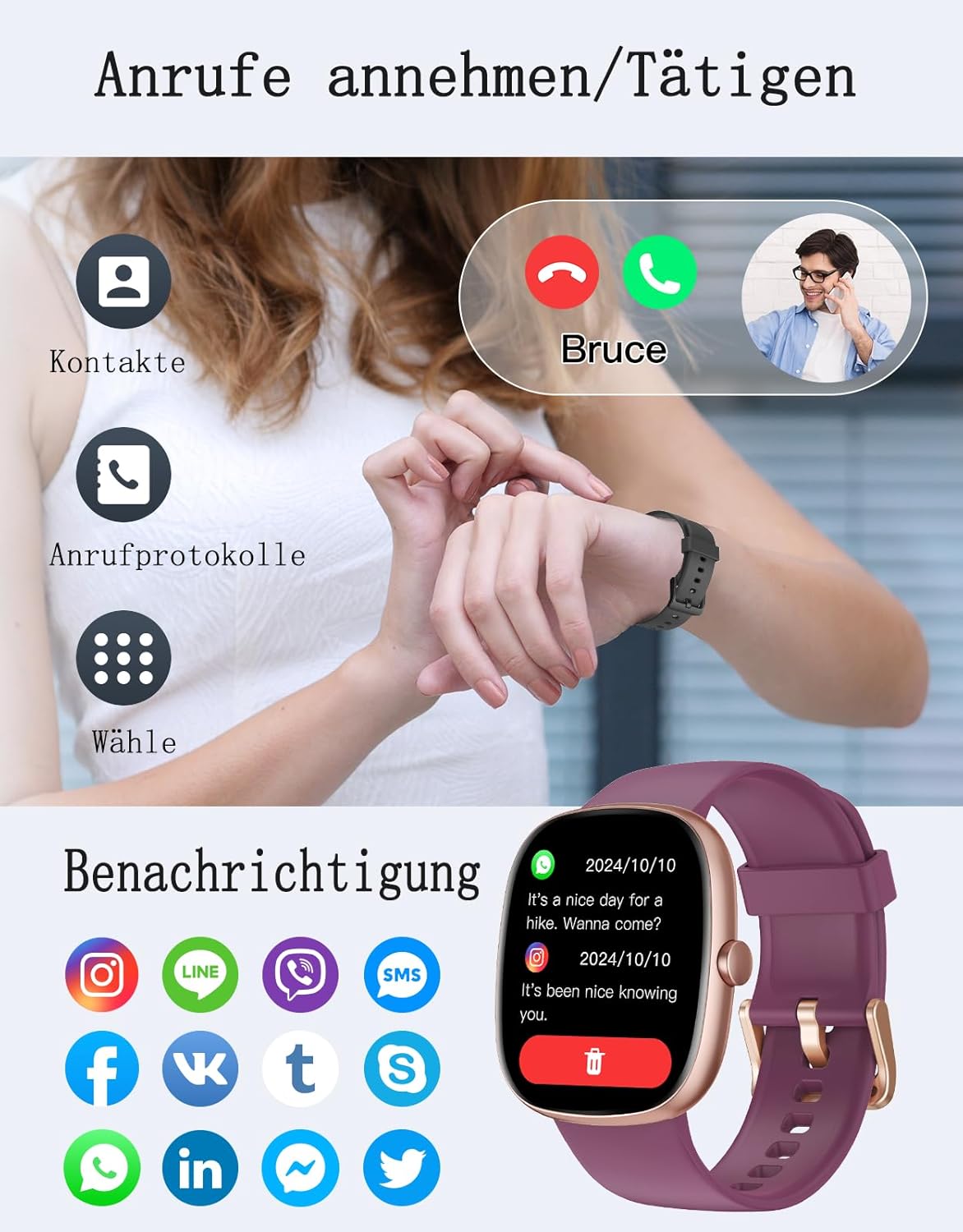 Damen Smartwatch mit Telefonfunktion, 1,85 Zoll Smartwatch mit SpO2/Herzfrequenz/Schlafmonitor/Schrittzähler 100+ Sportmodi, IP68 wasserdichte Fitnessuhr Whatsapp Notify für Android iOS Handy – Bild 2