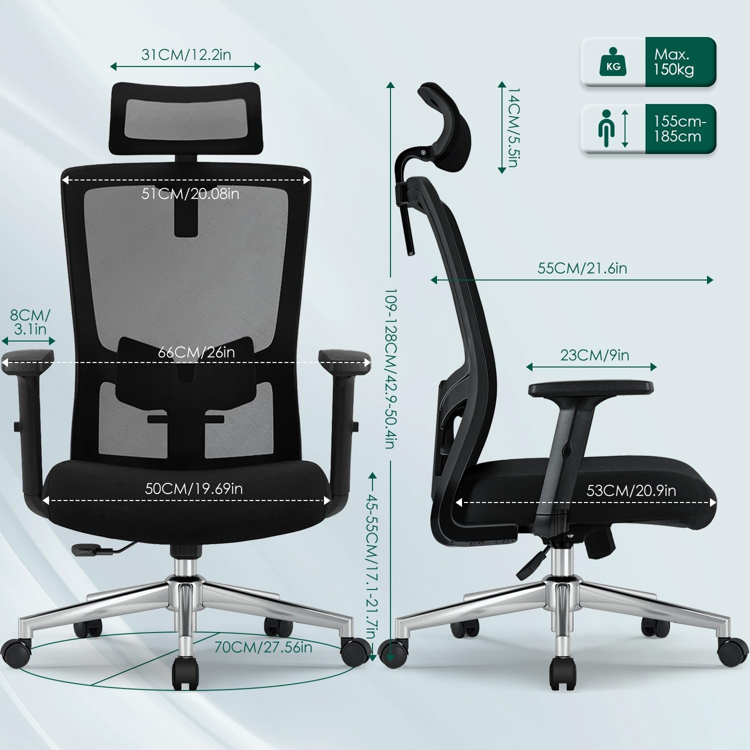 Ergonomischer Bürostuhl mit verstellbarer Lordosenstütze, Armlehnen und Kopfstütze, Drehstuhl, Schreibtischstuhl, Bürostuhl, 150 kg, Chefsessel, Wippfunktion bis 135° – Bild 2