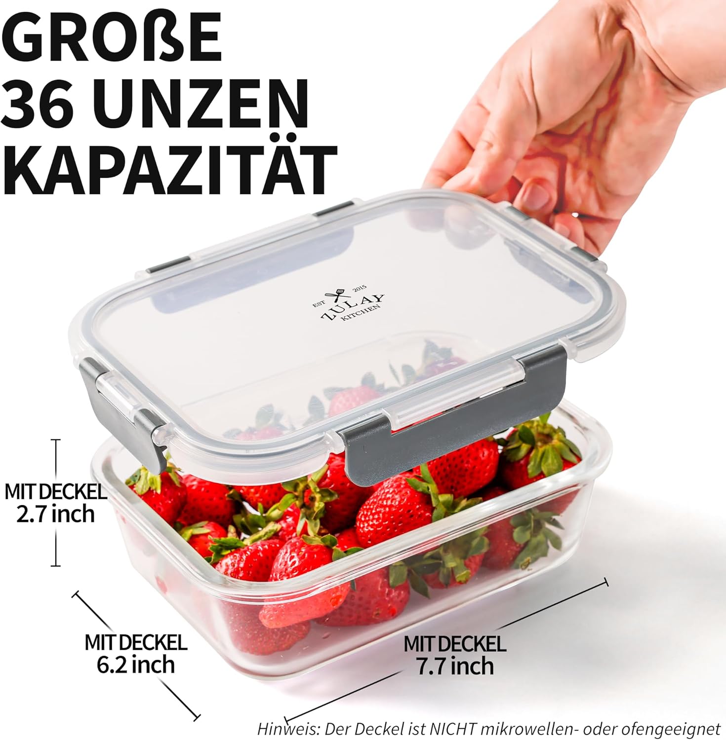 Zulay 5er-Set Frischhaltedosen aus Glas für die Zubereitung von Mahlzeiten, 1020 ml, Tupperware-Set aus Glas mit luftdichten Deckeln – Gläser für die Zubereitung von Mahlzeiten, spülmaschinen-, mikrowellen-, ofen- und gefriergeeignet, BPA-frei – Bild 2