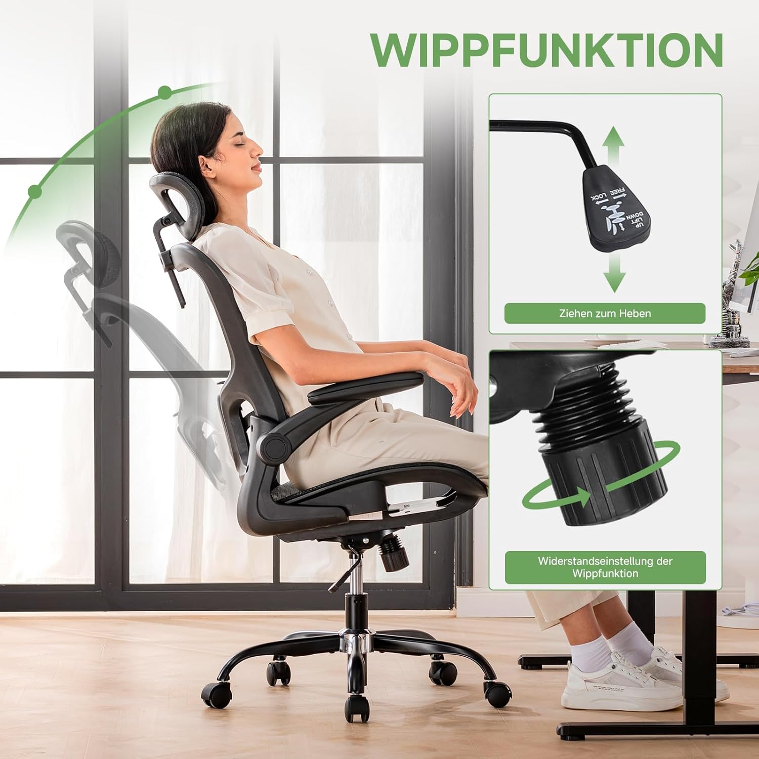 GTPLAYER Ergonomischer Bürostuhl mit verstellbarer Kopfstütze, Armlehnen, Lordosenstütze, Bürostuhl & Gaming-Stuhl, Wippfunktion, Mesh-Chefsessel, 150 kg (Schwarz) – Bild 6