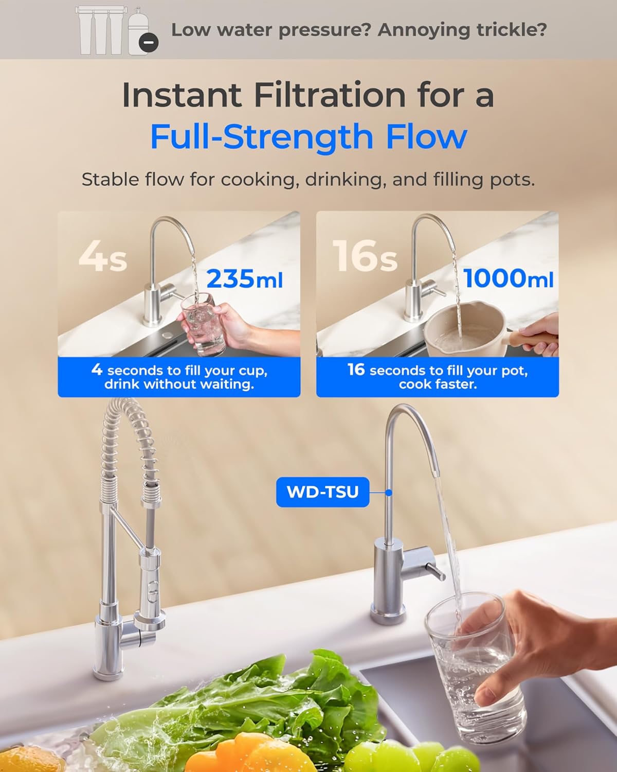 Waterdrop TSU-W Ultra Filtration Untertisch-Wasserfiltersystem, 3-stufig, 0,01 Mikrometer, Trinkwasserfiltersystem mit speziellem Wasserhahn aus gebürstetem Nickel, USA Tech, 2 Jahre Lebensdauer – Bild 7