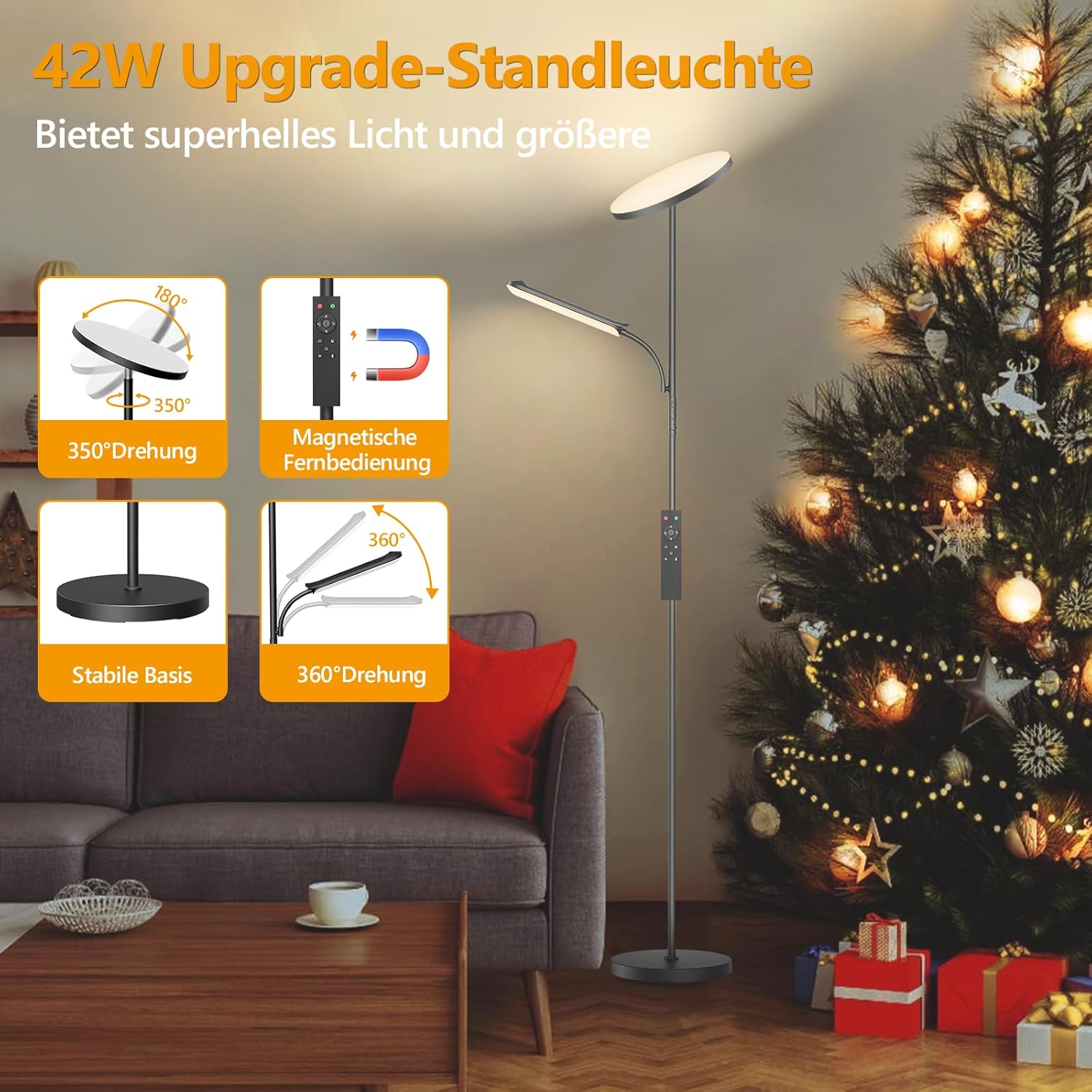 Wohnzimmer Stehlampe, 42W Deckenfluter mit Leselampe, 4200LM LED Stehlampe Dimmbar mit 2700K-6500K Farbtemperatur, Moderne Stehlampe mit Fernbedienung und Touch-Steuerung für Wohnzimmer, Schlafzimmer – Bild 7