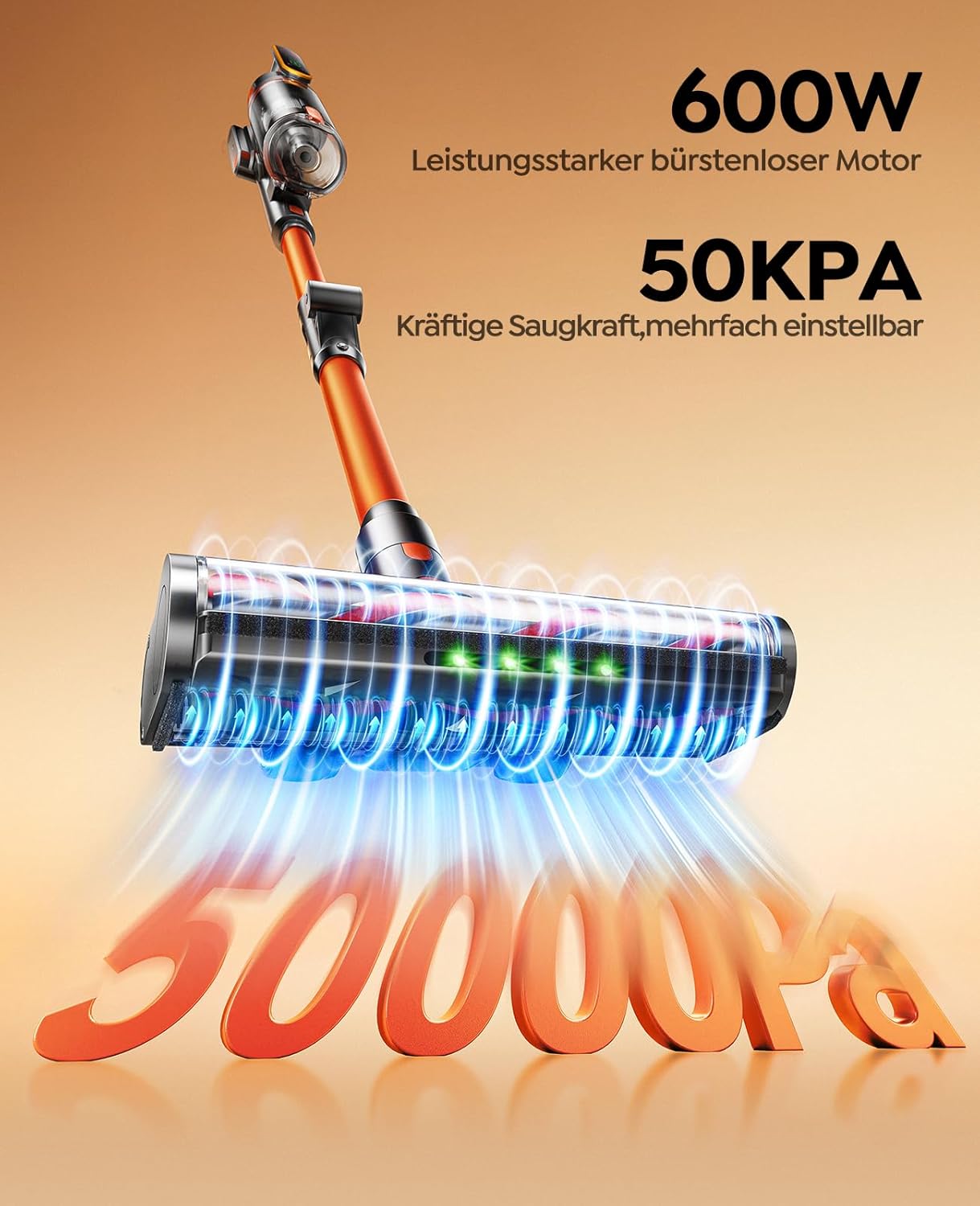 Fieety Akku-Staubsauger, 600 W/50 kPa/65 Min, kabelloser Staubsauger mit Wandladestation, Aromatherapie, Automatikmodus, flexibles Biegegelenk, 1 m Schlauch für Hartböden, Teppiche, Tierhaare, Auto – Bild 2