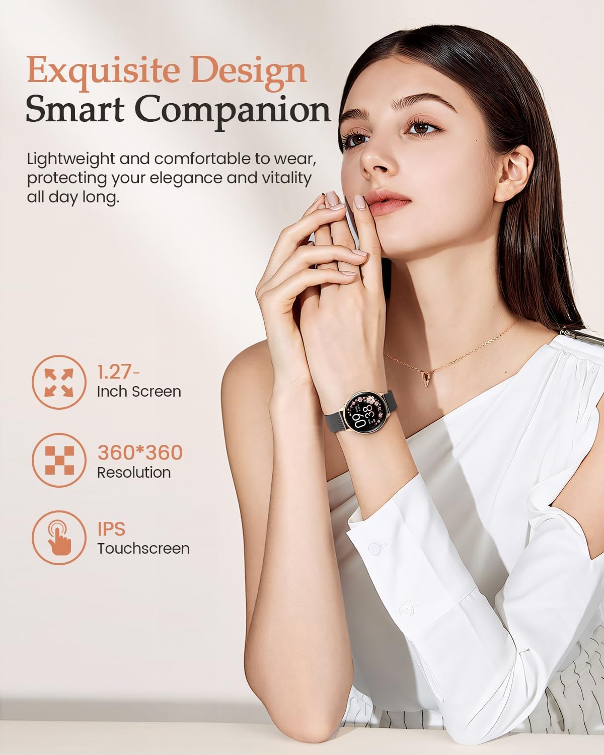 Damen Smartwatch 1,27 Zoll HD Fitnessuhr mit Telefonfunktion, Menstruationszyklus, 120+ Sportmodi, 24H Herzfrequenzmonitor, 24H SpO2, Schlafmonitor, Kalorien, Fitnesstracker, IP68 iOS Android Gold Schwarz – Bild 2