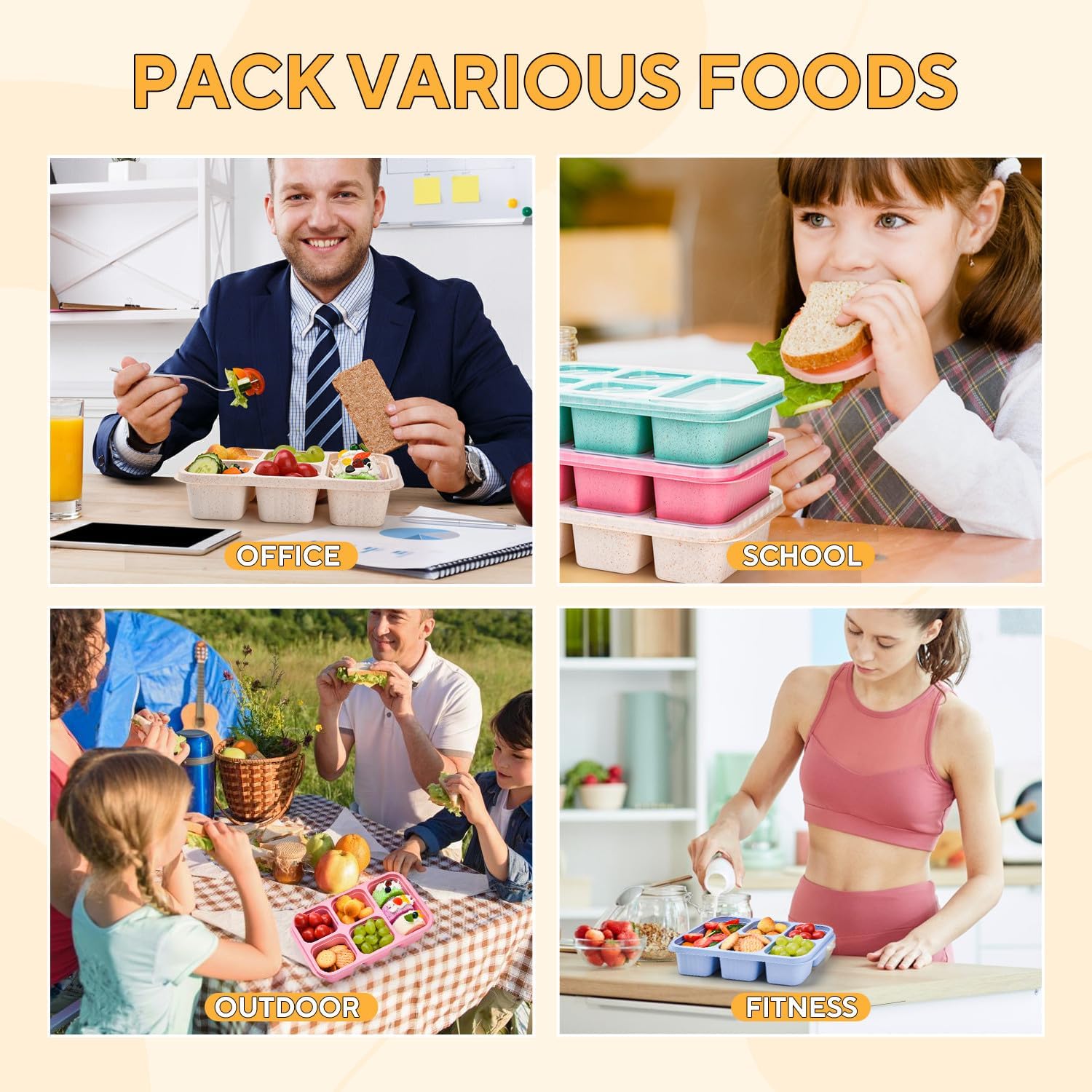 4 Stück Bento-Snackbox mit Fächern, 5 Fächer Lunchable Snack-Behälter, Bento-Lunchbox mit Fächern für Kinder und Erwachsene, Meal-Prep-Lunchbehälter für Schule, Arbeit und Reisen – Bild 7
