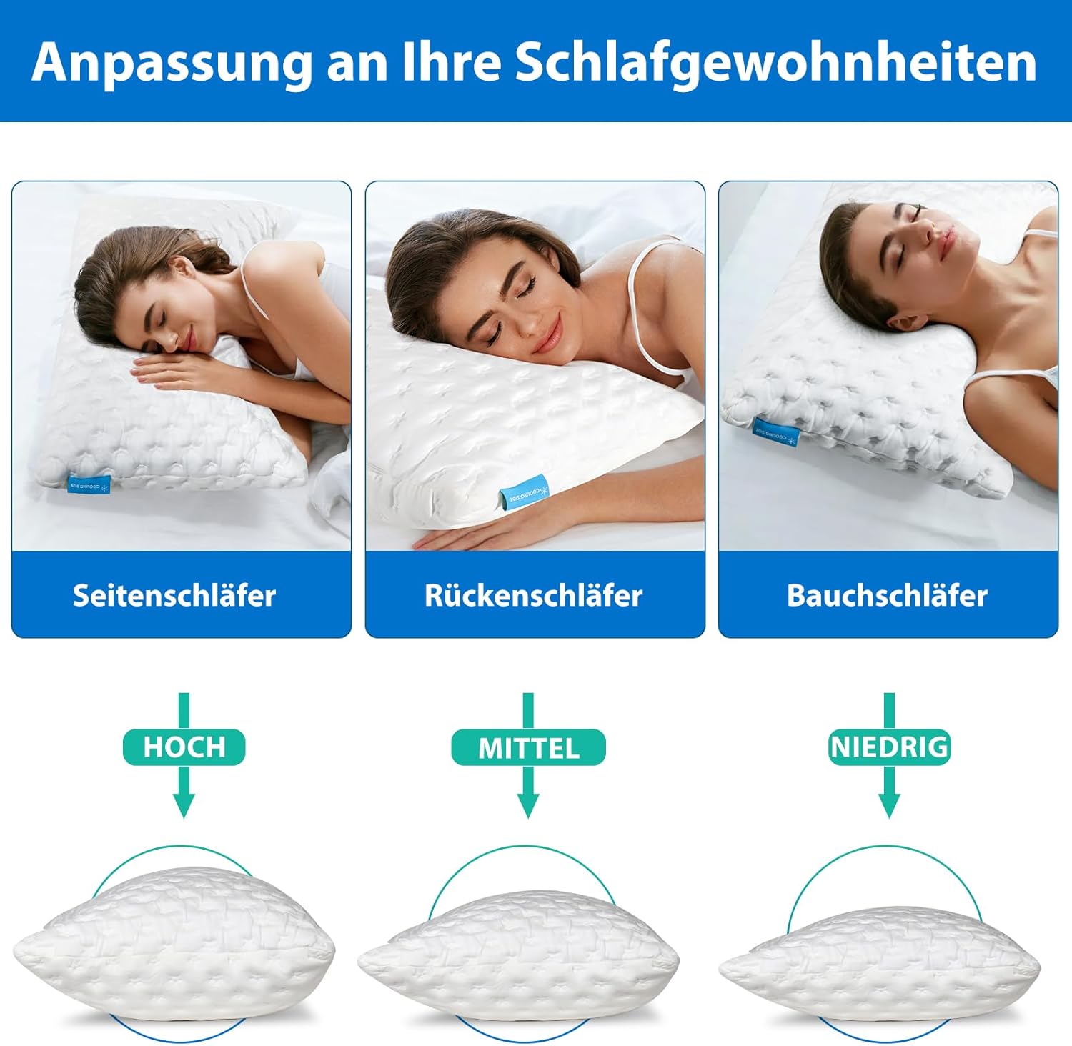 SKYNY Kühlendes Seitenschläferkissen zur Unterstützung von Nacken und Schulter – Kissen aus geschreddertem Memory-Schaum, höhenverstellbares orthopädisches Schlafkissen mit waschbarem Bezug – Bild 7