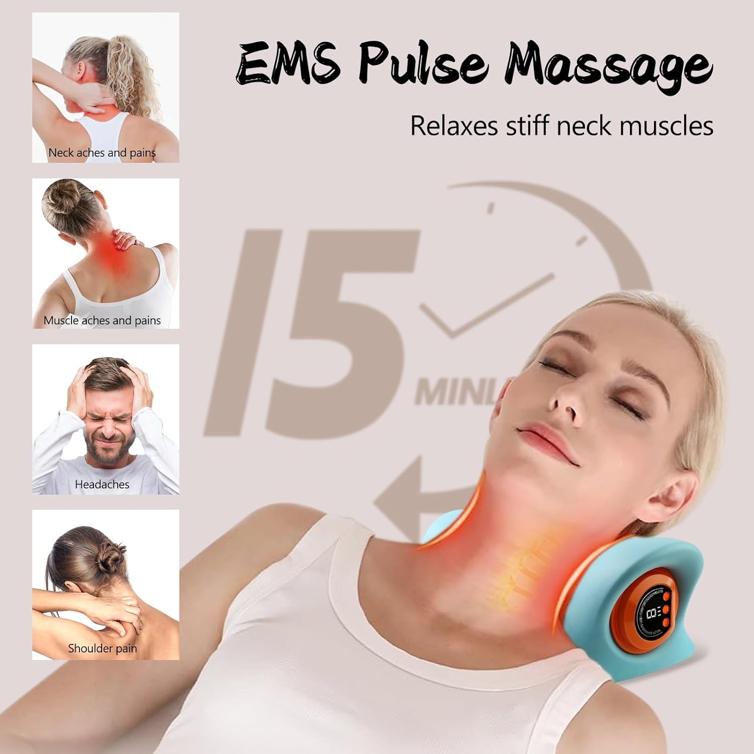 EMS Elektrisches Nackenmassagegerät, kabelloses Nackenmassagegerät mit Wärme und Vibration, 3 Modi, 6 einstellbare Frequenzen, Entspannungskissen, Akupressur für den Nacken – Bild 3