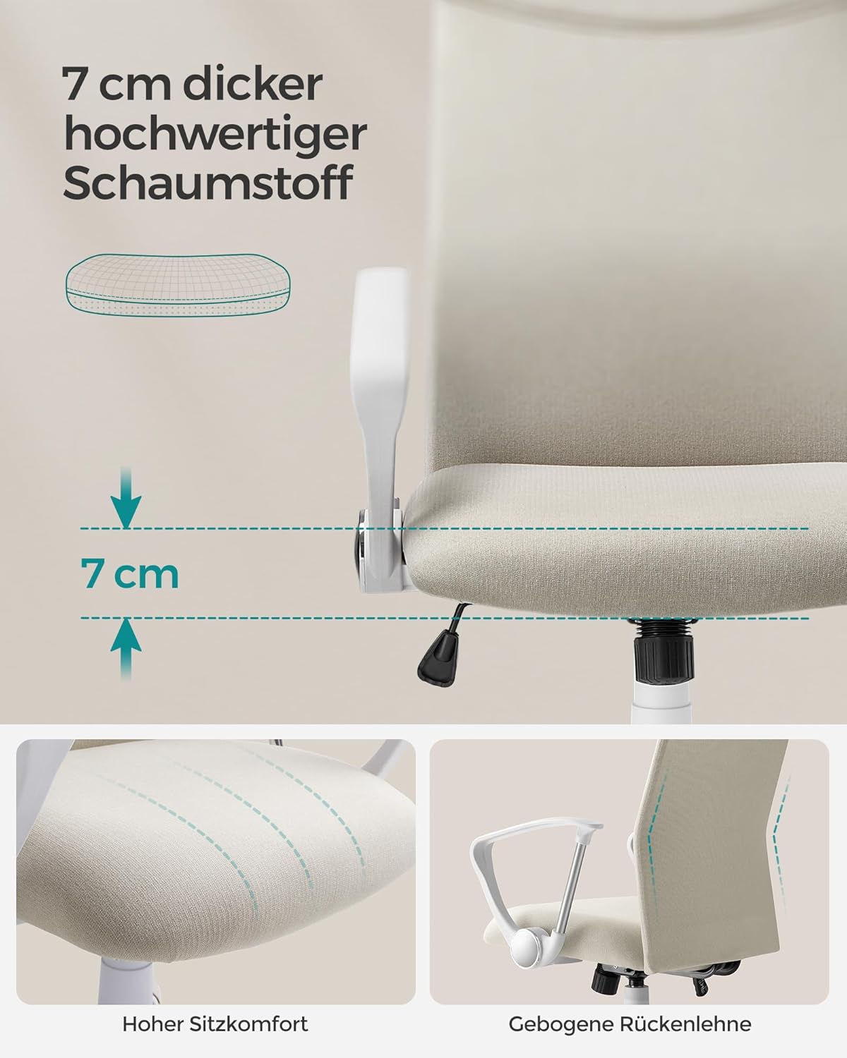 SONGMICS OBN034K01 Bürostuhl, ergonomischer Schreibtischstuhl, Drehstuhl, gepolsterte Sitzfläche, höhenverstellbar und neigbar, maximale Belastung 120 kg, Cappuccino-Beige – Bild 6