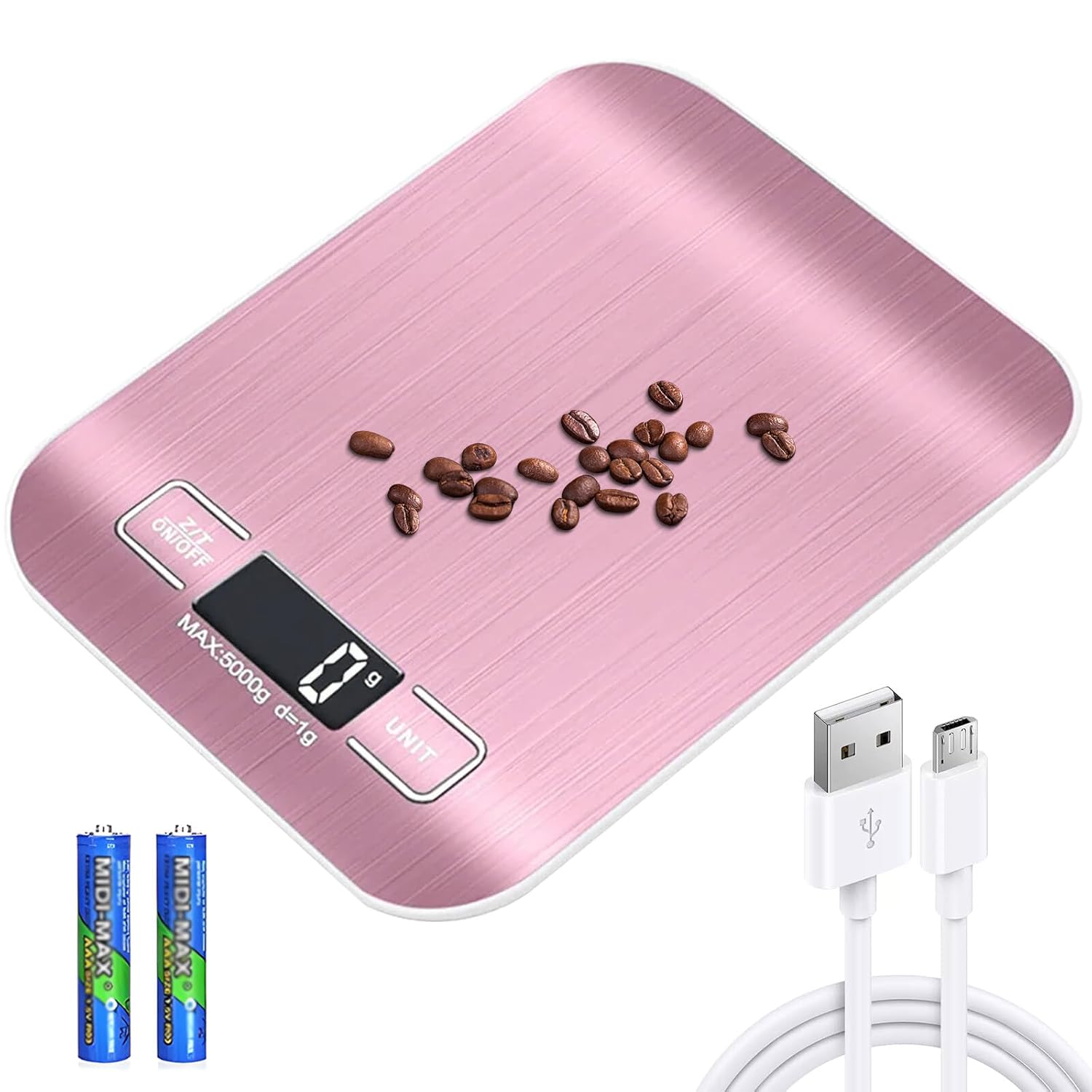 Digitale Küchenwaage, 10 kg/1 g, USB wiederaufladbare digitale Küchenwaage mit LCD-Display & Tara-Funktion, professionelle Küchenwaage mit Akku-Ladekabel, Roségold
