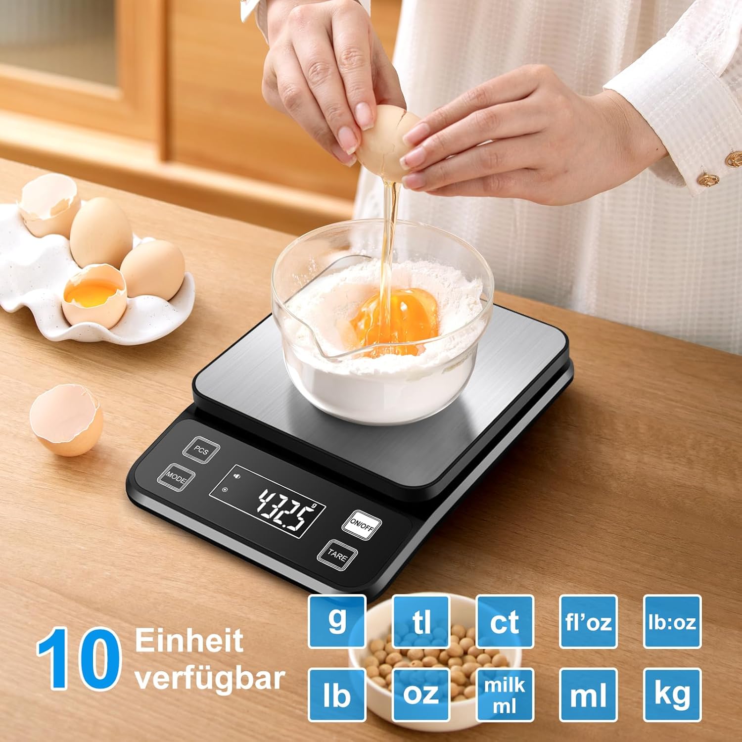 Diyife Wasserdichte IPX67 Küchenwaage 10 kg, 0,1 g Digitalwaage mit großer Wiegefläche aus Edelstahl, wiederaufladbare Lebensmittelwaage, 10 Einheiten, LCD-Display, Tara-Zählfunktion, Buchstabenwaage, Schwarz – Bild 4