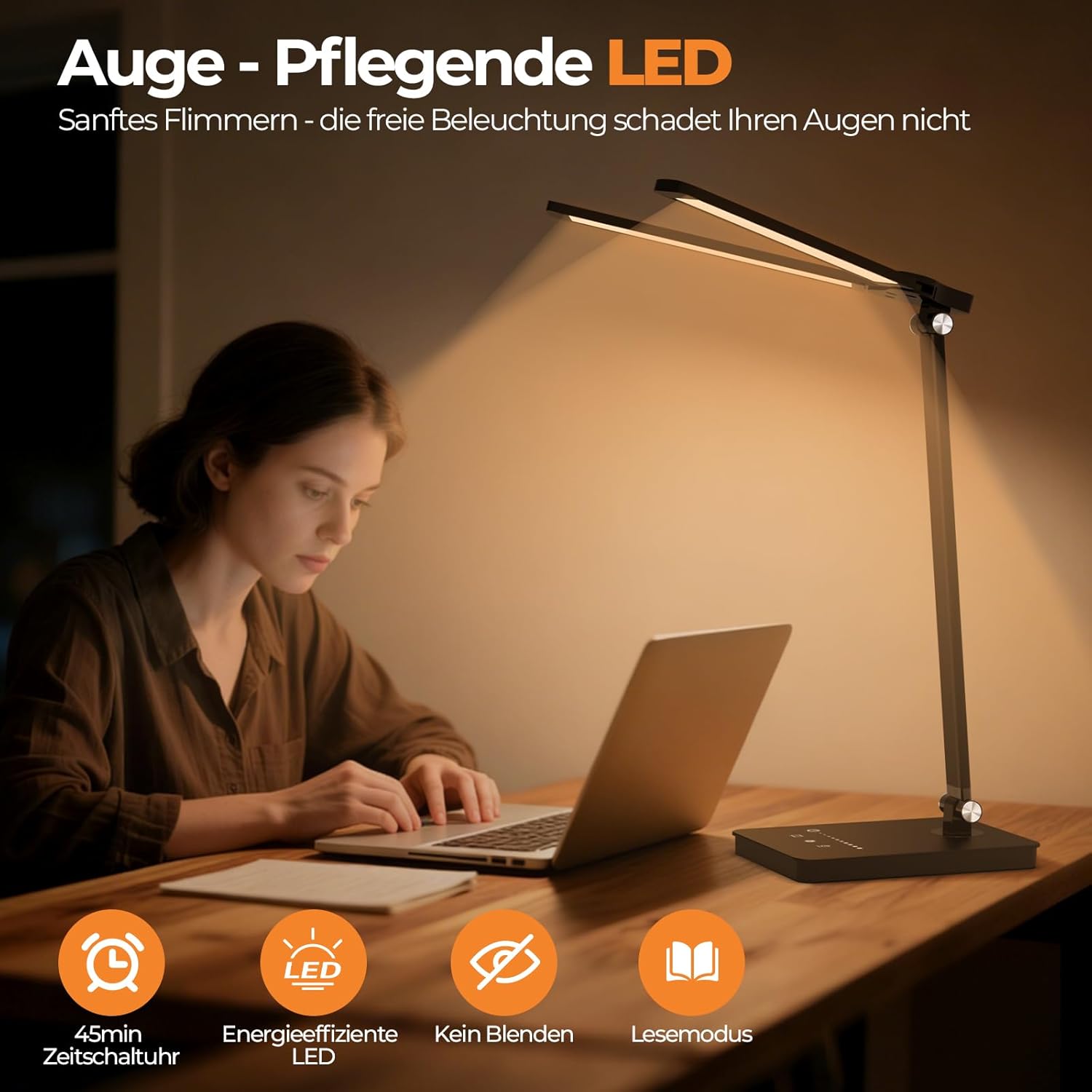 Schreibtischlampe LED dimmbar mit 4000 mAh Akku, 5 Farben und 10 Helligkeitsstufen – kabellose Tischlampe mit USB-Anschluss, Touch-Steuerung und Timer für Kinder, Büro und Lesen (schwarz) – Bild 6