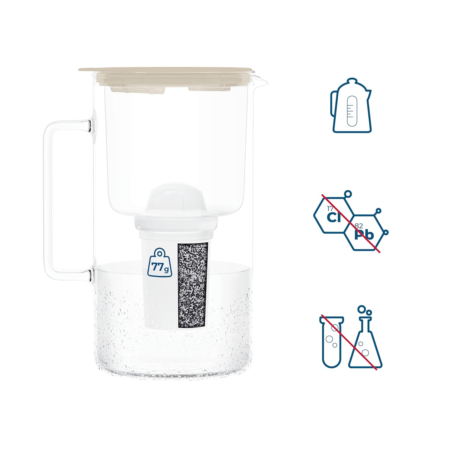 Wessper Glas-Wasserfilterkanne mit Wasserfilterkartuschen für Trinkwasser 2 L, Glaskanne mit intelligentem Filterzähler, Set inklusive 1 x Filter mit Aktivkohle Beige – Bild 5