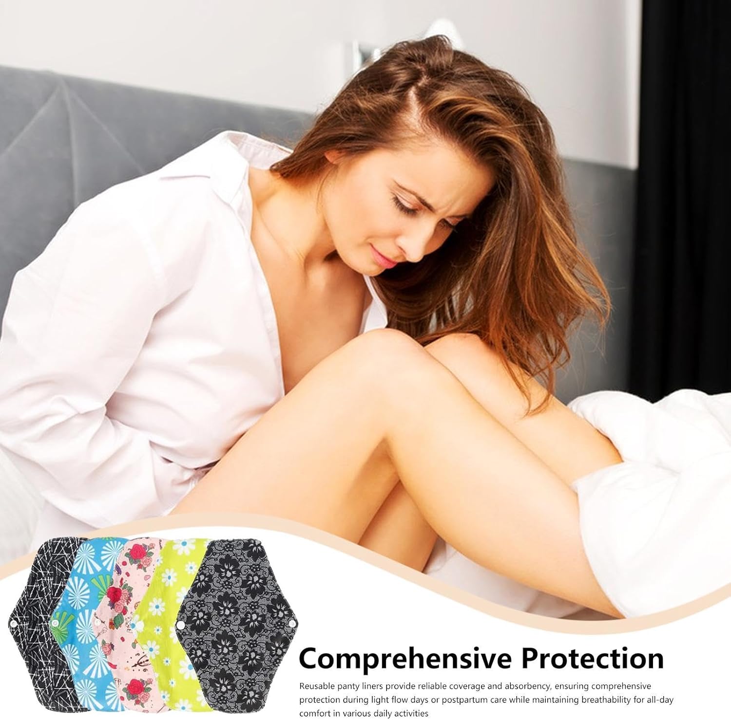 Wiederverwendbare Einlagen für die Menstruation, auslaufsichere Baumwoll-Hygieneprodukte, 5-teilig, starke Stoffeinlagen, für Mutter, Frauen, nach der Geburt, Stillen, Arbeit, Reisen – Bild 9