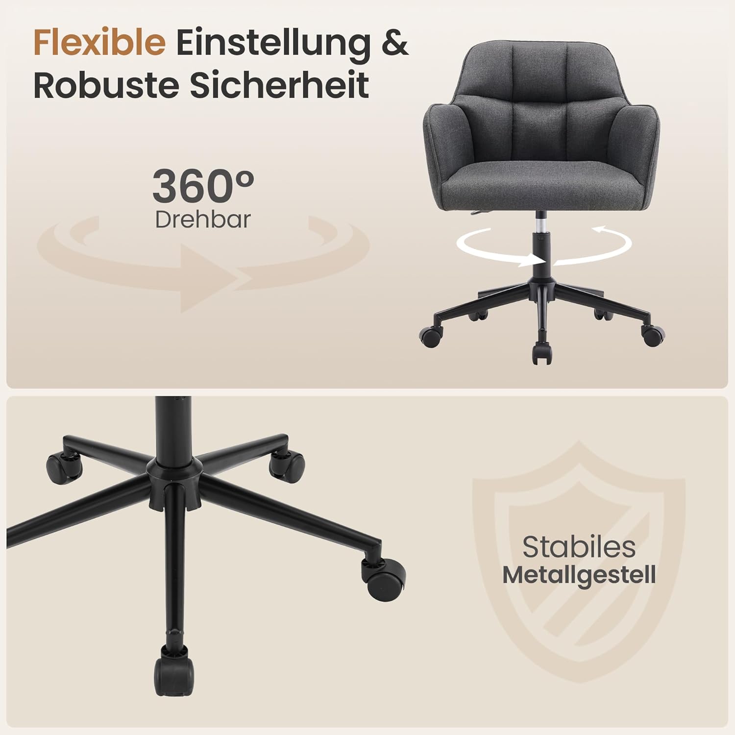 YOUDENOVA Schreibtischstuhl, Drehstuhl mit Rollen, Schminkstuhl Höhenverstellbar, Homeoffice Stuhl, Bürostuhl Ergonomisch, Vanity Chair für Mädchen Arbeitszimmer Schlafzimmer Büro, Leinen Dunkelgrau – Bild 5