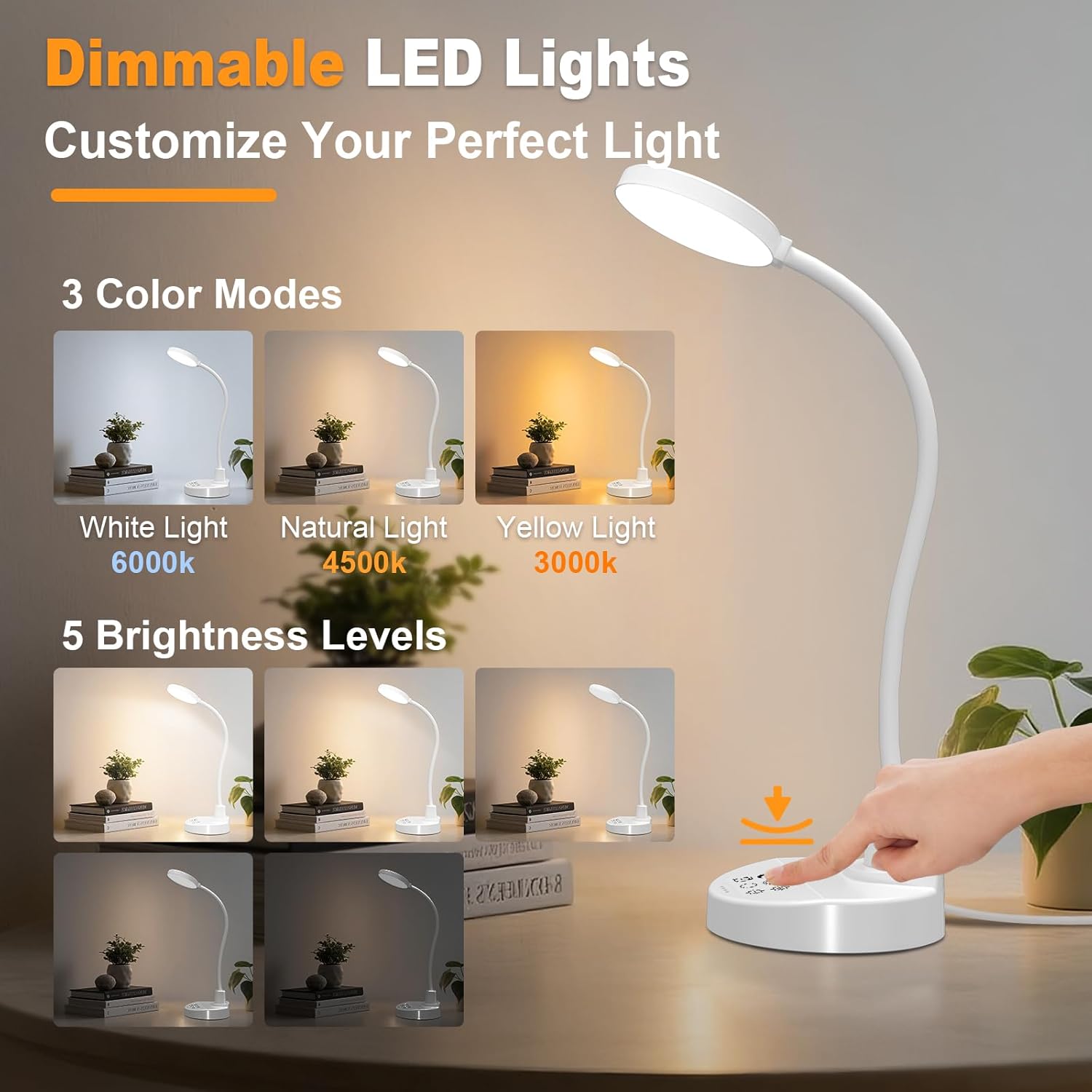 15 W LED-Schreibtischlampe mit USB-A & USB-C – Dimmbar, 3 Farbtemperaturen, 5 Helligkeitsstufen, 4 Timer, flexibler 360°-Schwanenhals, augenfreundlich, Tischlampe für Büro & Schlafzimmer – Weiß – Bild 2