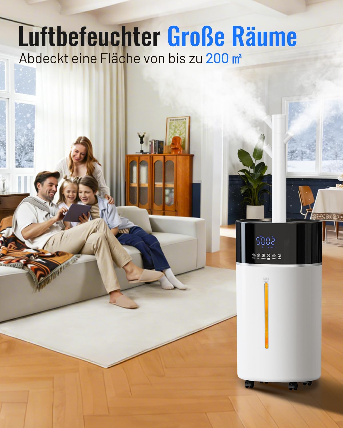 Luftbefeuchter für große Räume, 18 l, warmer und kühler Nebel, Luftbefeuchter bis zu 200 m², Raumbefeuchter für Wohnzimmer, verlängertes Rohr und Doppeldüsen, Ultraschall-Luftbefeuchter, Schlafzimmer/Büro/Pflanzen/gewerblich, Weiß – Bild 2