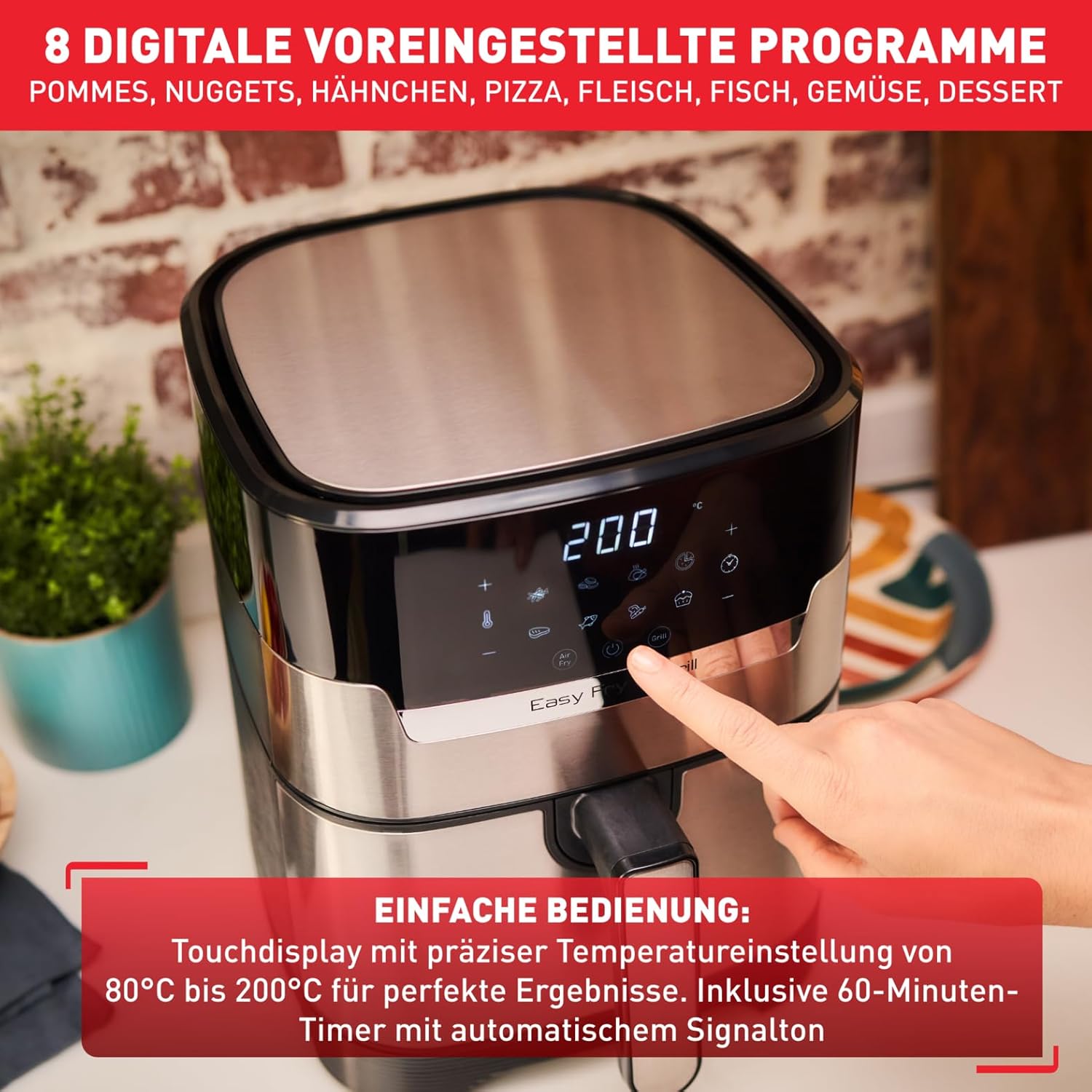 Tefal Easy Fry & Grill Heißluftfritteuse, 2-in-1-Technologie, Heißluftfritteuse und Grill, digitales Display, 4,6 Liter für 6 Portionen, 8 Kochprogramme, energiesparend, kein Öl, Edelstahl, XL-Volumen, EY505D – Bild 6