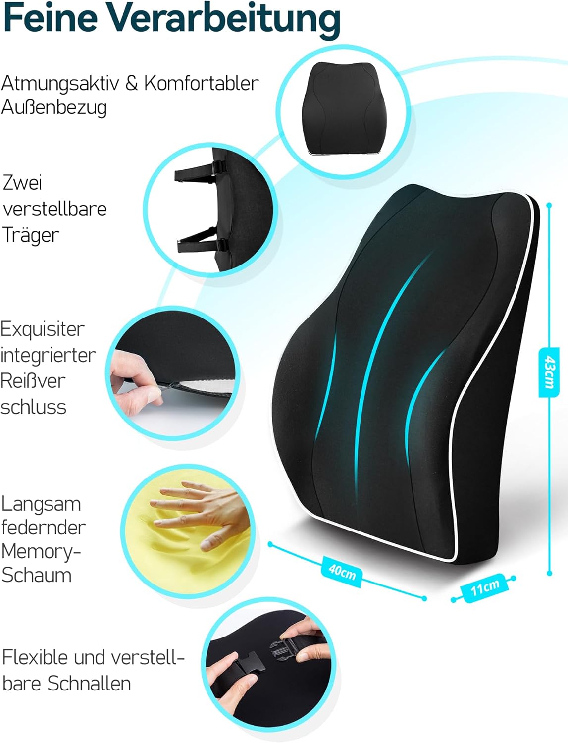 Travel Ease Ergonomisches Memory Foam Rückenkissen, Lendenkissen für Bürostuhl, Schreibtischstuhl, mit antistatischem, hautfreundlichem Bezug und für eine bequeme Sitzhaltung (Schwarz) – Bild 5
