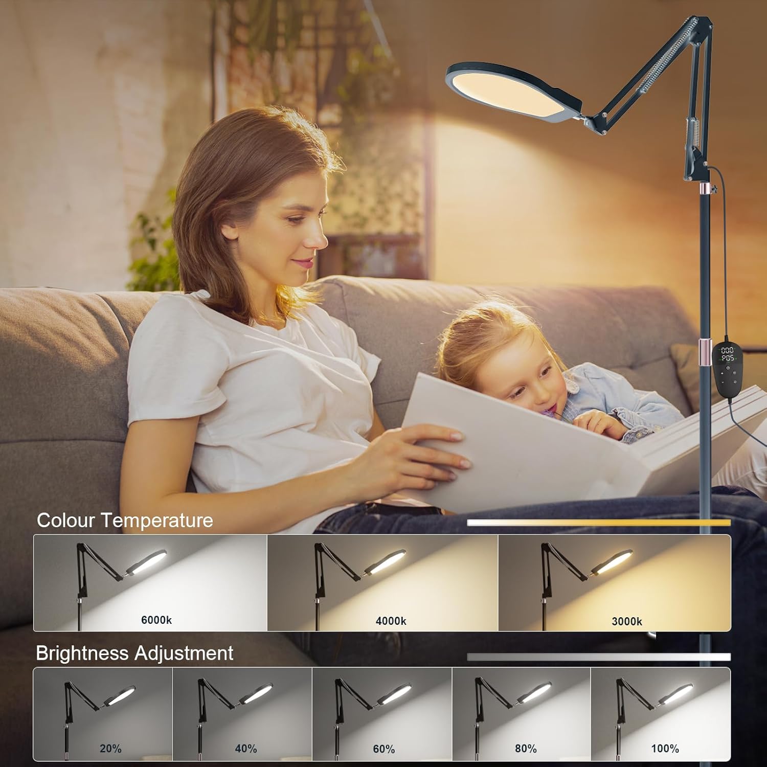 Tageslichtlampe 10000 Lux – SAD-Lampe, 3000 K/4000 K/6000 K Tageslichtlampe mit Timer, einstellbare Helligkeit, Tageslichtlampe für Zuhause, Büro (schwarz) – Bild 5