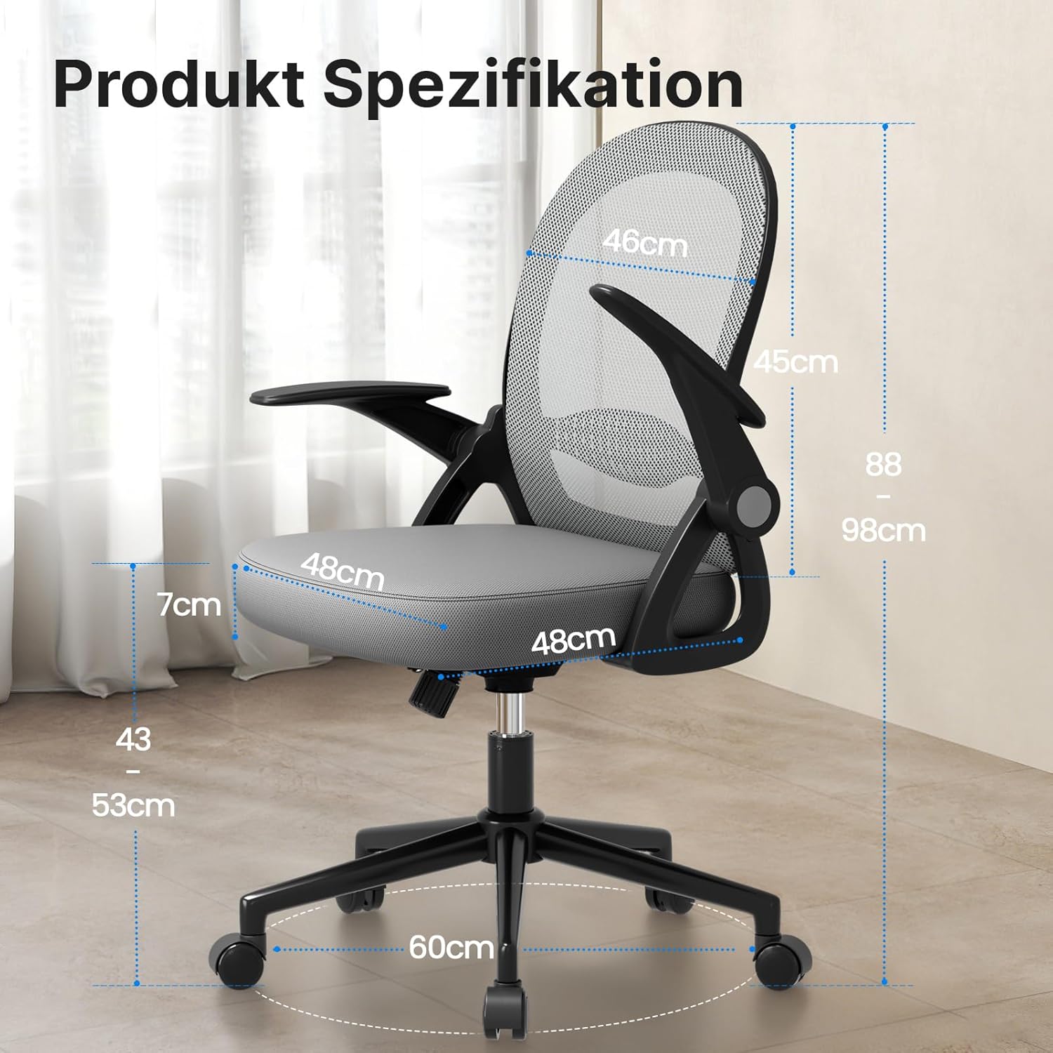 naspaluro Bürostuhl, ergonomischer Schreibtischstuhl mit atmungsaktiver Netzpolsterung, hochklappbare Armlehnen, höhenverstellbarer Computerstuhl, leichter Stuhl, 360°-Drehstuhl, dunkelgrau – Bild 3
