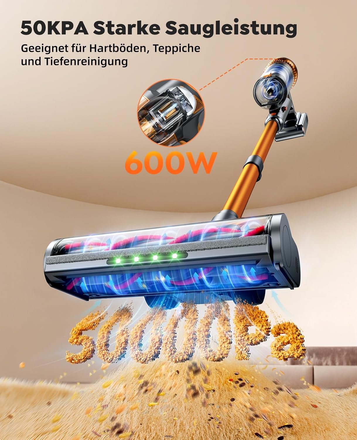 SMOTURE 50.000 Pa 65 Min Akku-Staubsauger, 600 W Staubsauger mit Flexschlauch, Anti-Tangle-Bürste, Wandladestation – Bild 2