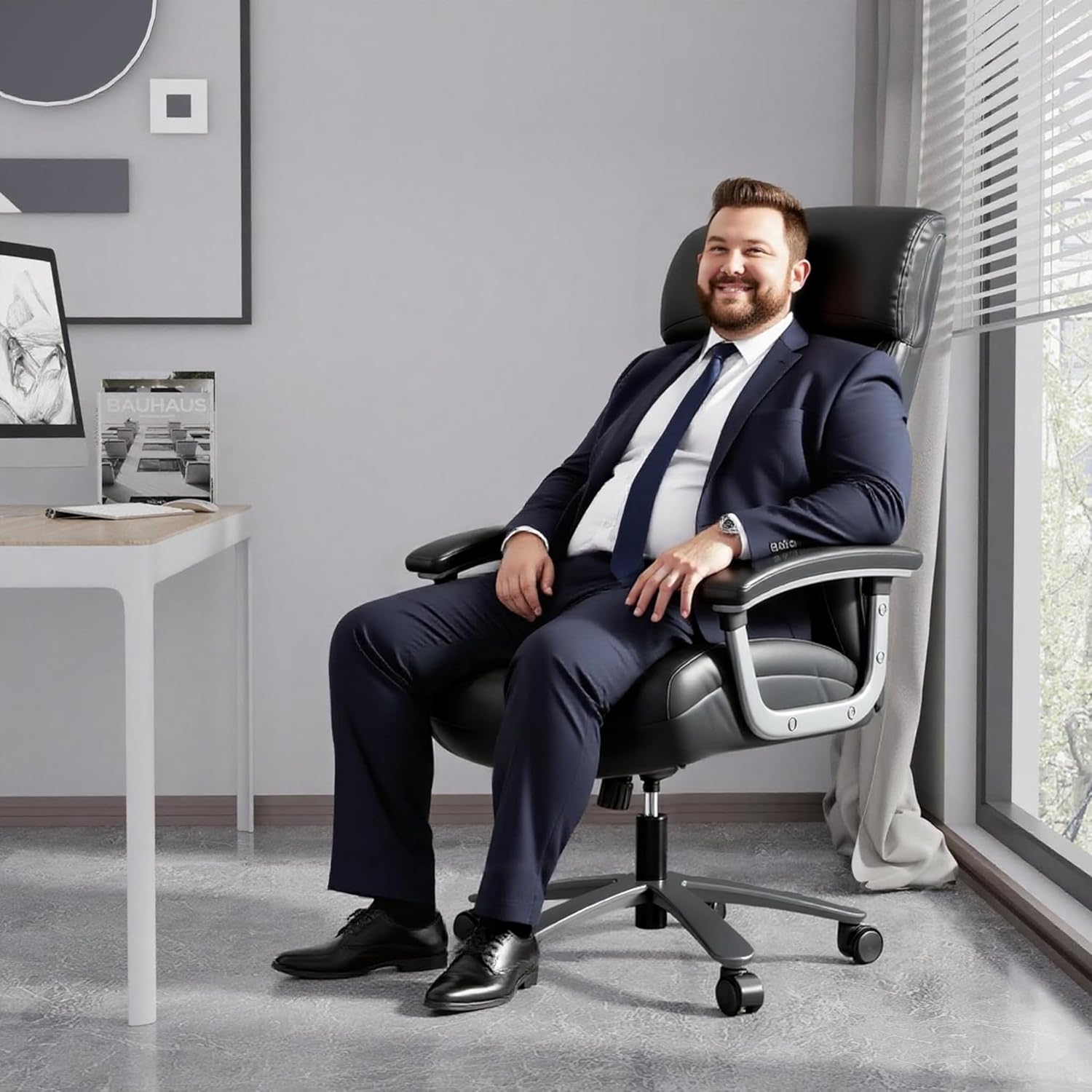 Ergonomischer Bürostuhl, 200 kg, Schreibtischstuhl, Computerstuhl, hohe Rückenlehne, ergonomischer Stuhl, höhenverstellbar, 360° drehbar, schwarzes kratzfestes Leder, (aktualisiert) – Bild 2