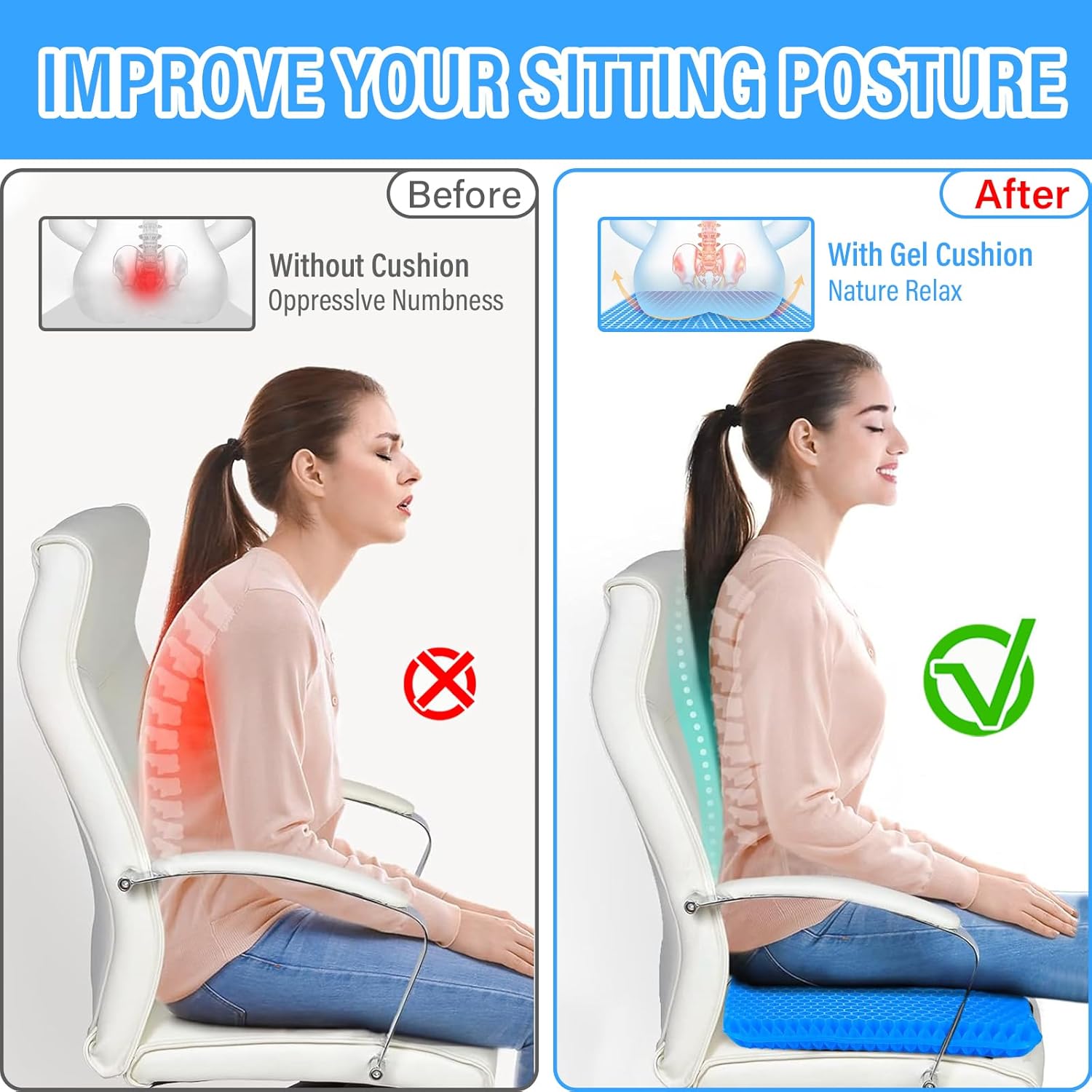Gel-Sitzkissen, großes Gel-Sitzkissen, Gel-Kissen, orthopädisches, doppelt dickes Gel-Kissen mit rutschfester Linderung von Ischias- und Steißbeinschmerzen, Gel-Sitzkissen, orthopädisch für Auto, Bürostuhl – Bild 4