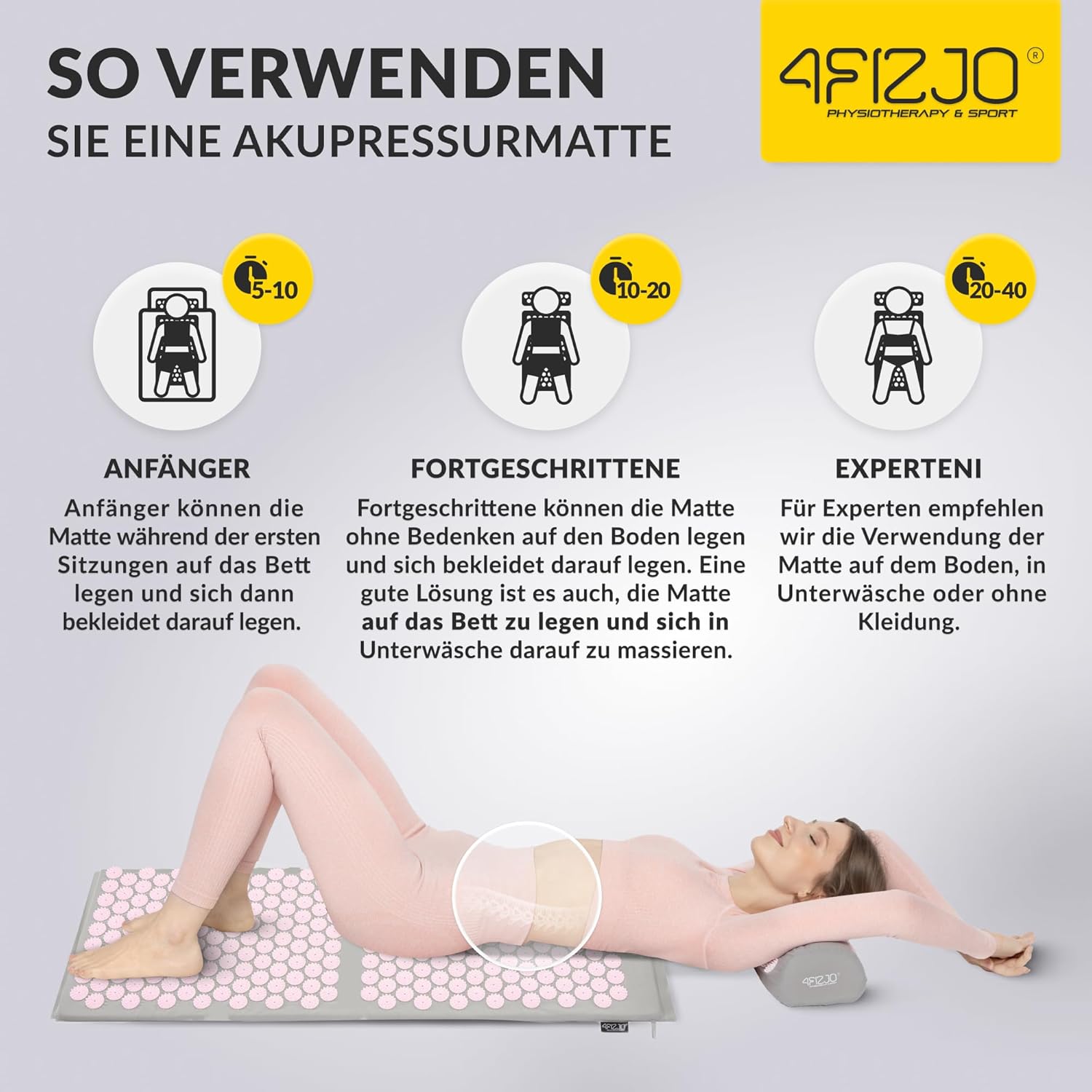 4FIZJO Akupressurmatte & Kissen XL, 110 x 42 x 2 cm, mit Tragetasche, Polyurethanschaum, hypoallergen, 15330 Spikes, Massagematte für bessere Durchblutung, Muskelentspannung, Farbe: Grau und Rosa – Bild 8