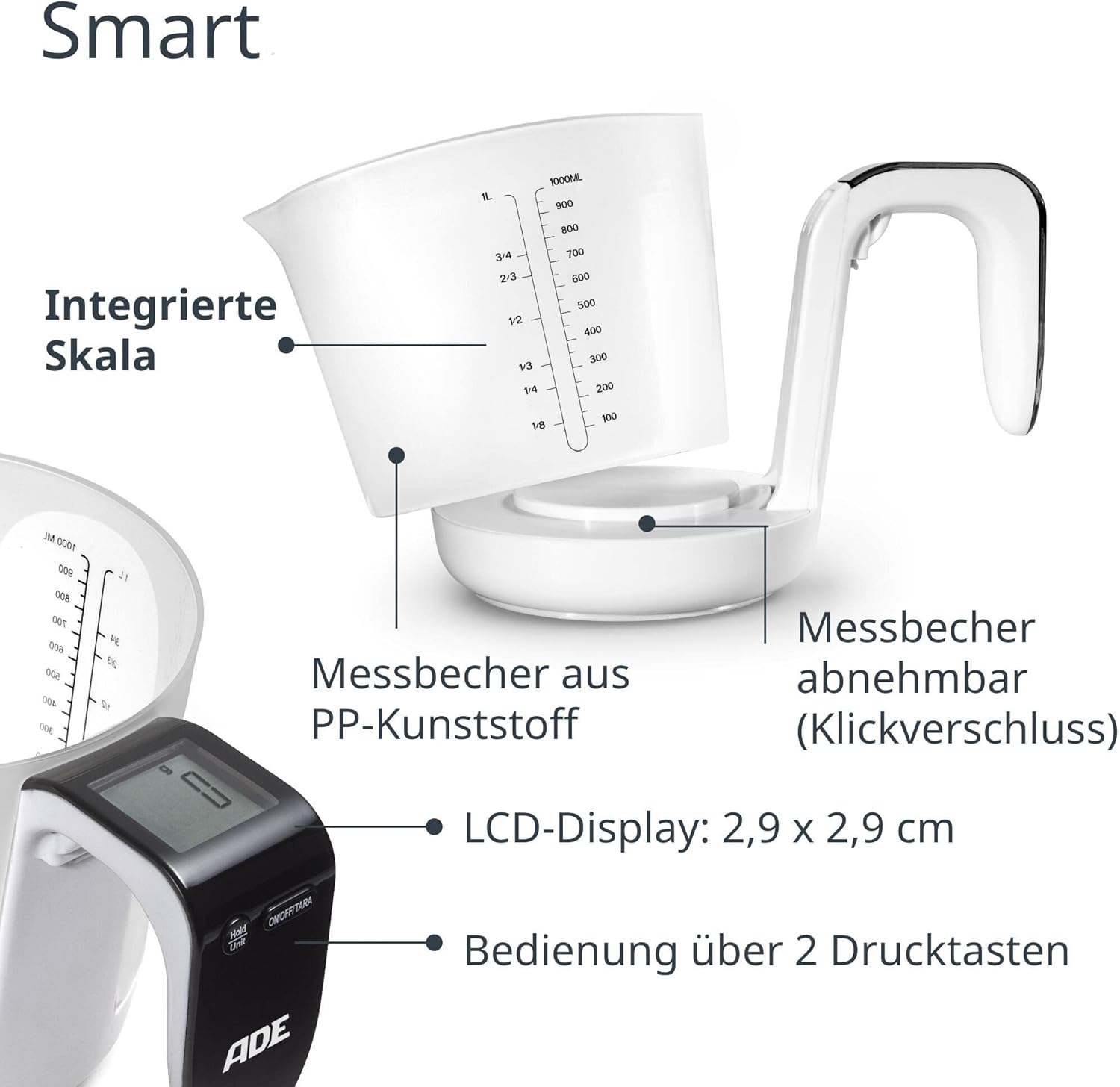 ADE Digitale Messbecherwaage | Küchenwaage mit Messbecher zum Wiegen und Messen | Elektronische Messbecherwaage zum Backen und Kochen – Bild 5
