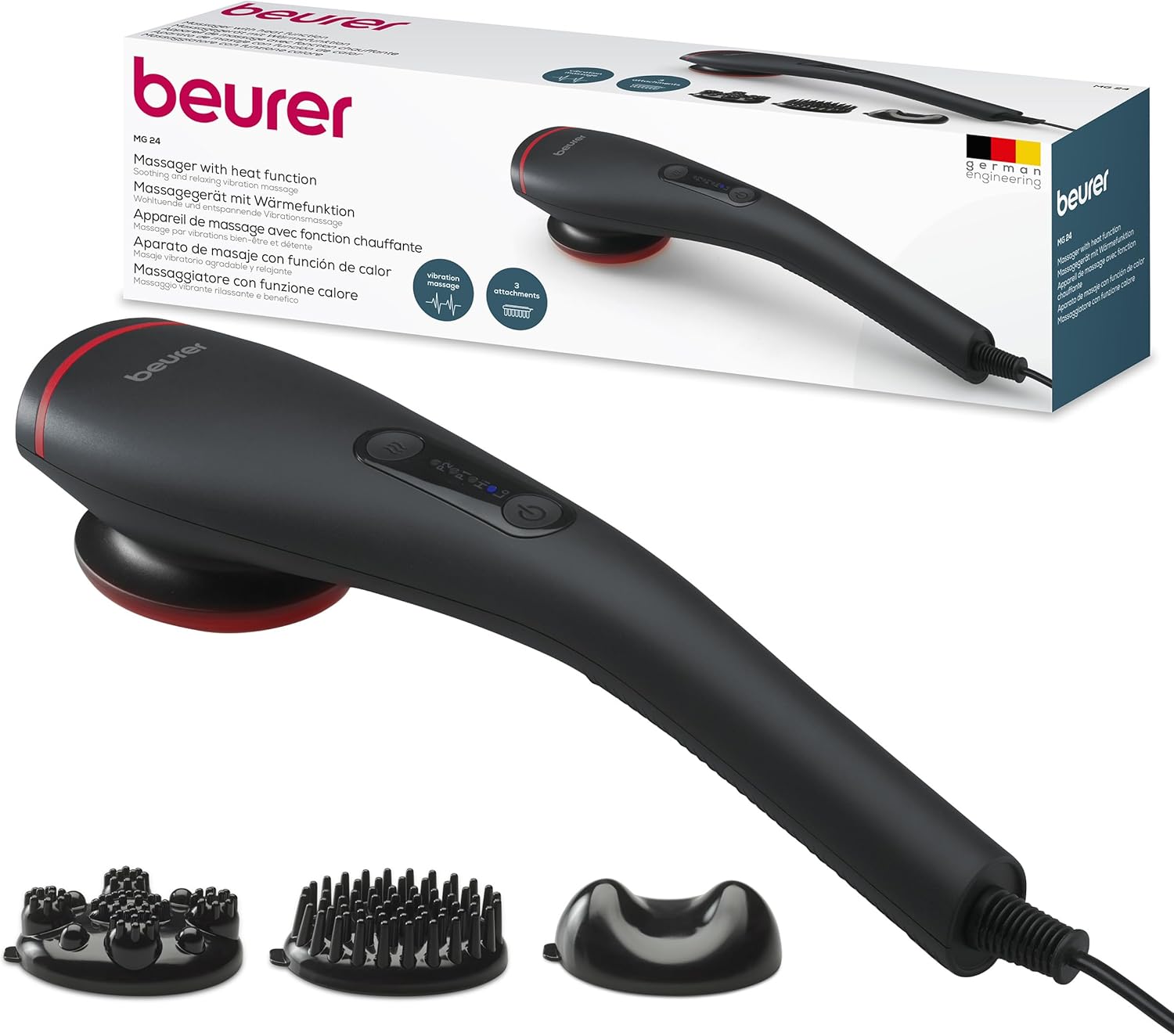 Beurer MG 24 Vibrationsmassagegerät, 2 wohltuende Massageprogramme und 2 Intensitätsstufen für ideale Entspannung, 3 Massageaufsätze, am ganzen Körper anwendbar, schwarz