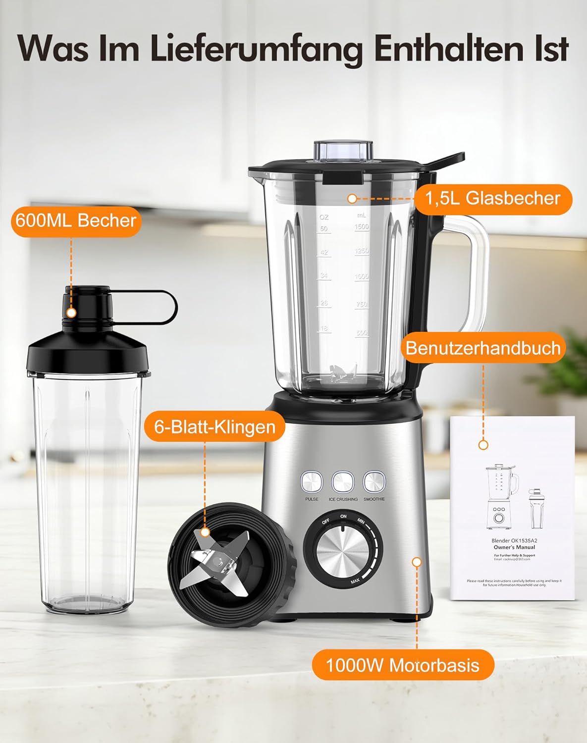 Mixer, Smoothie Maker & Standmixer, Schnellmixer, Smoothie Maker, 1,5 L Glasbehälter & 600 ml, 1.000 W, 24.000 U/min, 3 Programme, stufenlose Geschwindigkeit, Edelstahl, für Smoothies, Mixen – Bild 8
