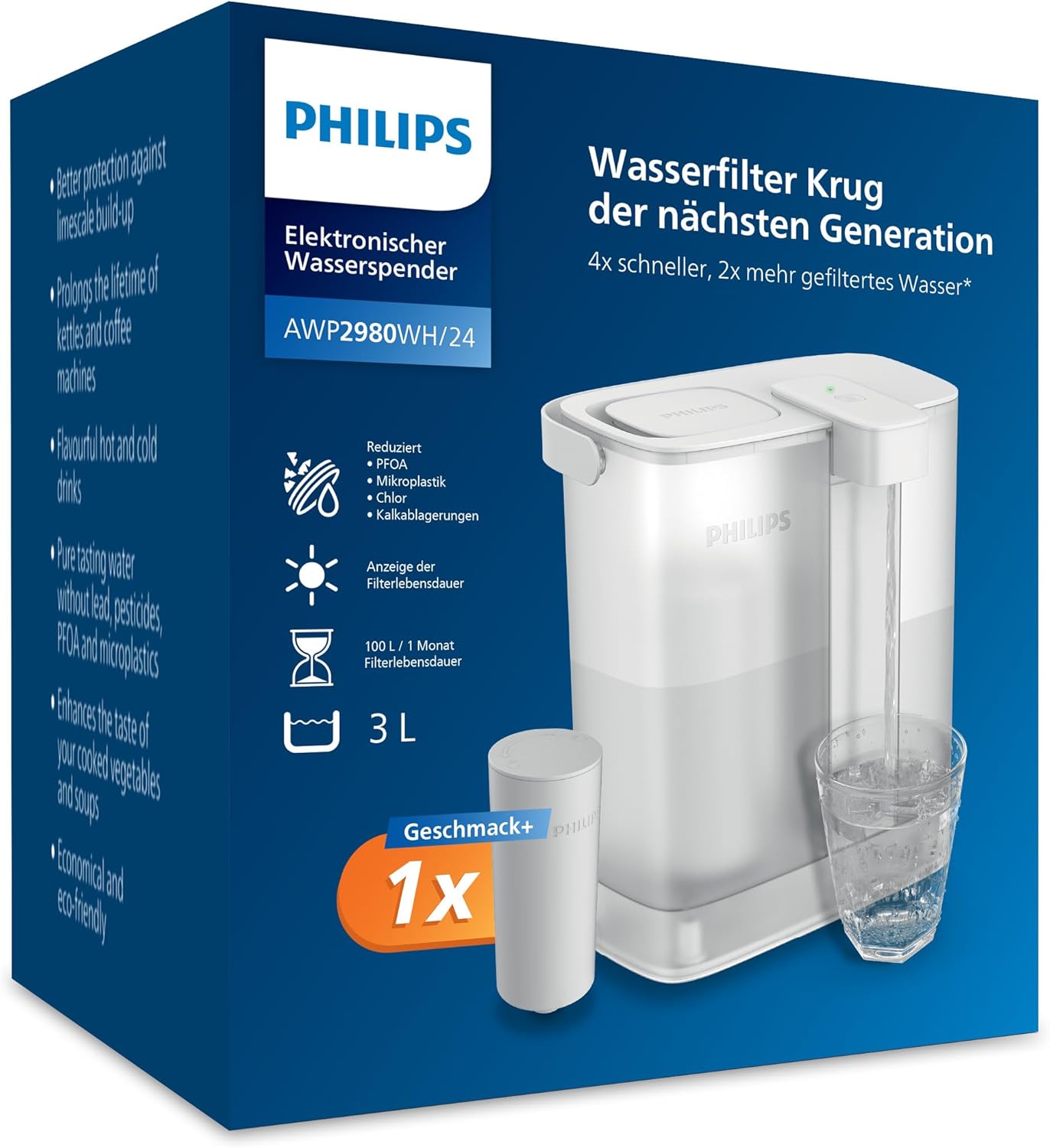 Philips Water Instant-Wasserfilterkrug (3 l) – sauberes und wohlschmeckendes Wasser in Sekundenschnelle – inklusive 1× Aroma + Filter, reduziert Chlor und Blei, behält Mineralien