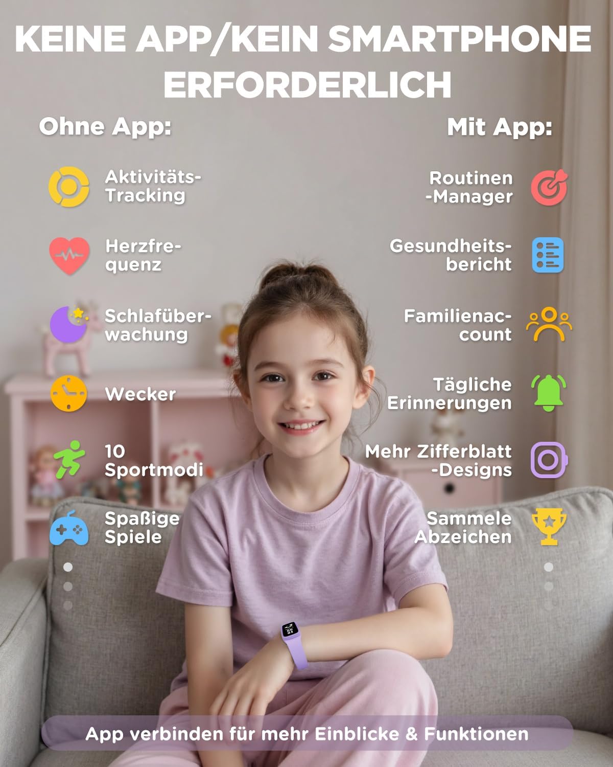 BIGGERFIVE Vigor 3 Kinder-Fitness-Armbanduhr mit AMOLED-Display ohne App und ohne Smartphone, 3ATM wasserdicht, Herzfrequenzmesser, Schlaftracker, Fitnessuhr, Sportuhr, Schrittzähler für Mädchen 5-12 Jahre, Lila – Bild 3