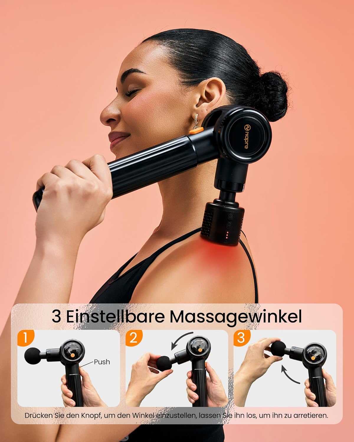 NAPRE Massagepistole mit Wärme und Kälte, Massagepistole mit Verlängerungsgriff, verstellbare Winkel, Muskel-Percussion-Massagegerät für Rücken, Nacken, Körperentspannung, 6 Köpfe und Koffer – Bild 2