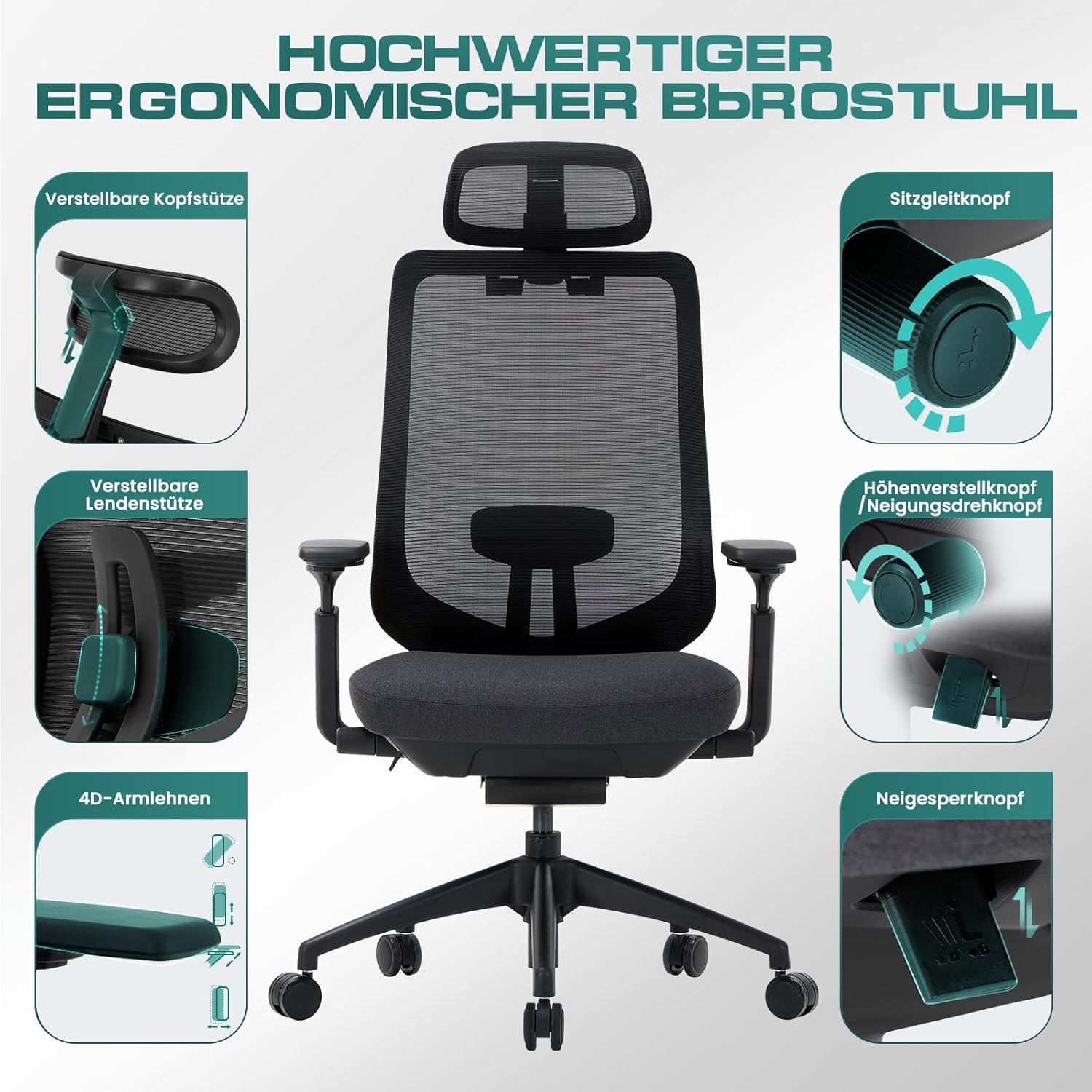 COLAMY XK01 Atlas Ergonomischer Bürostuhl aus Netzstoff, Chefsessel mit hoher Rückenlehne, verstellbare Kopfstütze und 4D-Armlehnen, verschiebbarer Sitz, Kippschutz, Nylonbasis, Schwarz – Bild 4