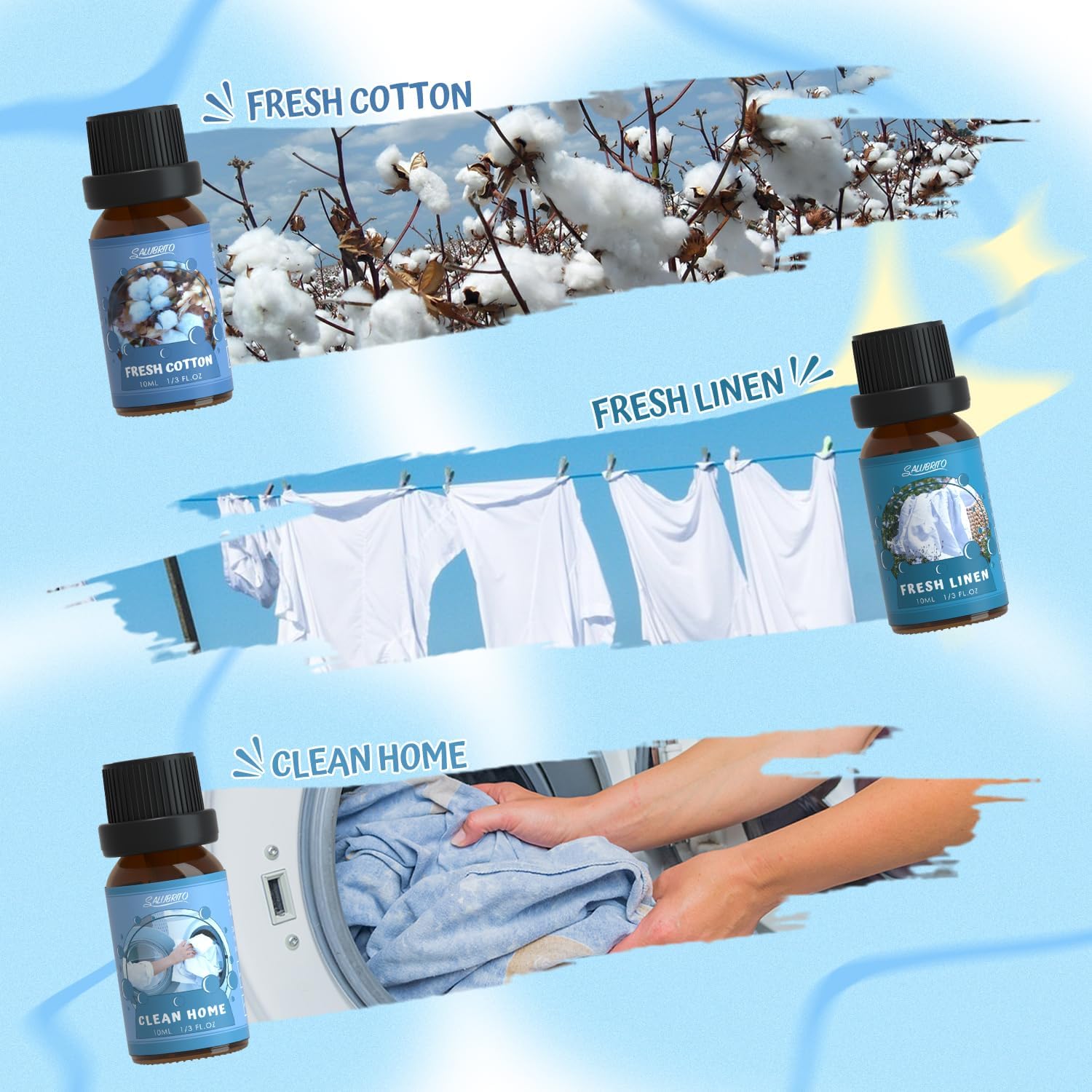 SALUBRITO Clean Essential Oils Set, natürliches, reines Aromatherapie-Duftöl für Diffusor, Kerzenherstellung, saubere Baumwolle, frische Bettwäsche, sauberes Zuhause, Pulver, Blumenseife, Minze – Bild 3