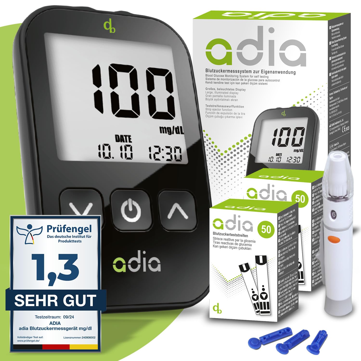 adia Blutzuckermessgerät (mg/dL Standard in DE) mit 110 Blutzucker-Teststreifen, 10 Lanzetten, 1 Stechhilfe und 1 Etui – zur Selbstkontrolle des Blutzuckers