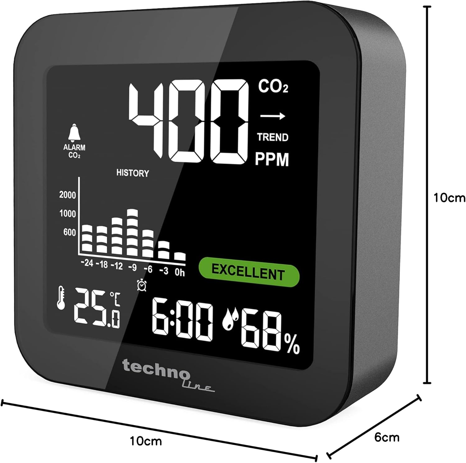 Technoline WL1025 CO₂-Messgerät mit Display – Luftqualitätsmonitor mit CO2-Sensor (400–5000 ppm), Temperatur und Luftfeuchtigkeit, 24-Stunden-Verlauf, CO2-Alarm, Batterie und USB, Raumluftmonitor – Bild 8