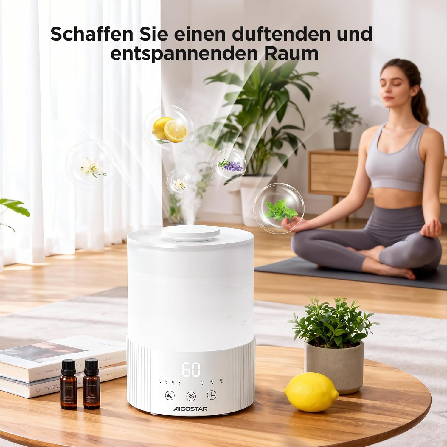Aigostar Schlafzimmer-Luftbefeuchter mit Hygrometer – 2,5 l Ultraschall-Raumbefeuchter, 28 dB leise, Aromadiffusor für ätherische Öle, 3 Nebelstufen und Timer – für Baby, Pflanzen und Büro – Bild 5