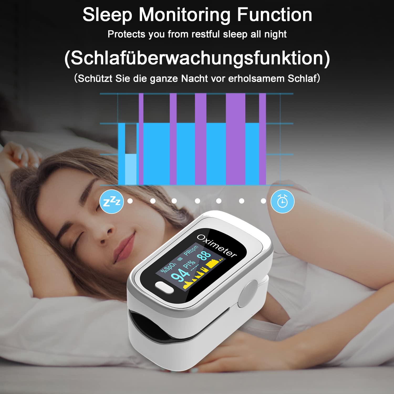 MOMMED Pulsoximeter für Finger, Sauerstoffmessgerät, Fingermessgerät, misst Sauerstoffsättigung und Pulsfrequenz, Oximeter mit OLED-Display und Alarmfunktion, batteriebetrieben – Bild 3