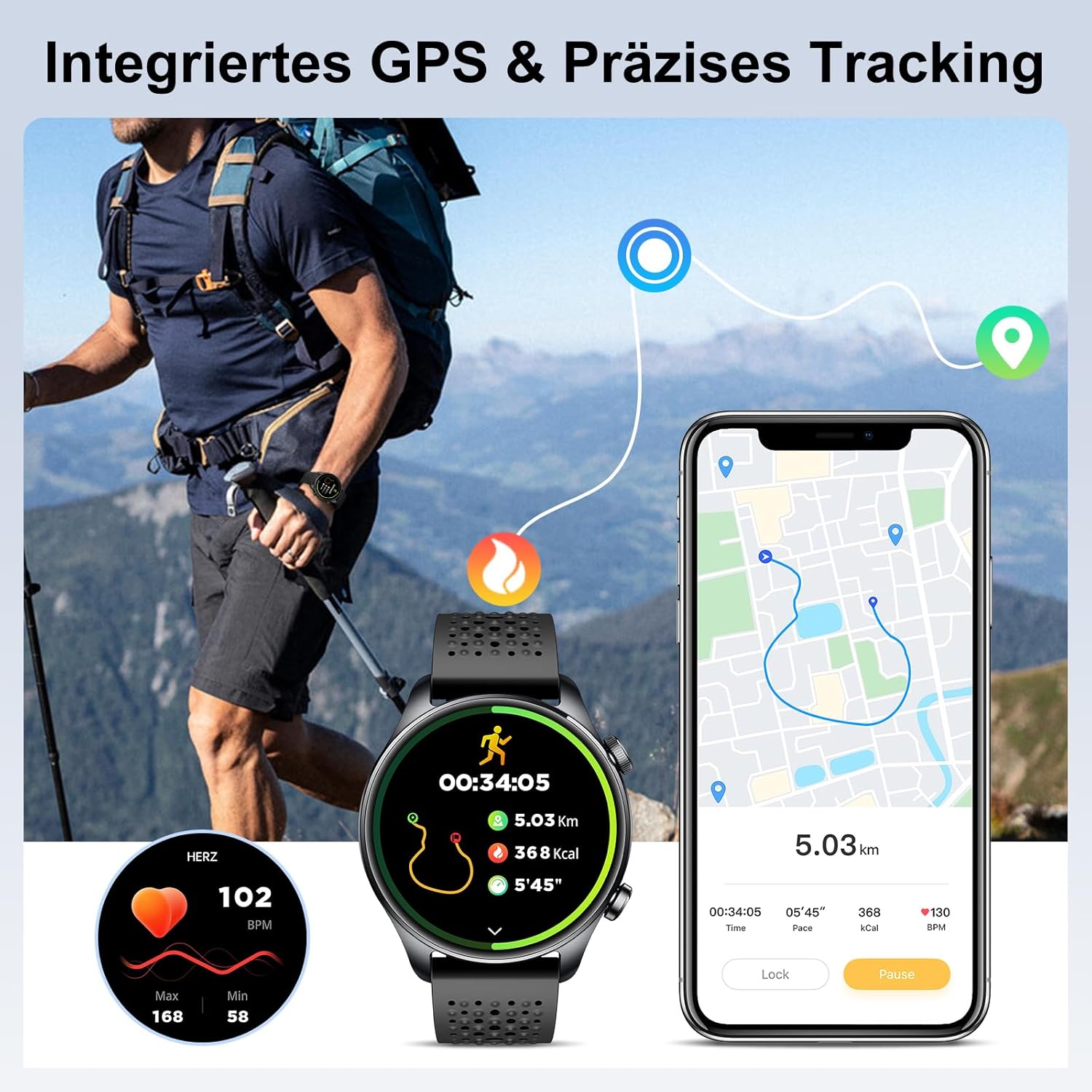 Runde Herren-Smartwatch mit integriertem GPS, 1,43 Zoll AMOLED Always-On-Display, 3ATM wasserdichte Fitnessuhr, 100+ Sportmodi, Herzfrequenz-/SpO2-/Schlafmonitor, Schrittzähler, iOS/Android, Schwarz – Bild 2