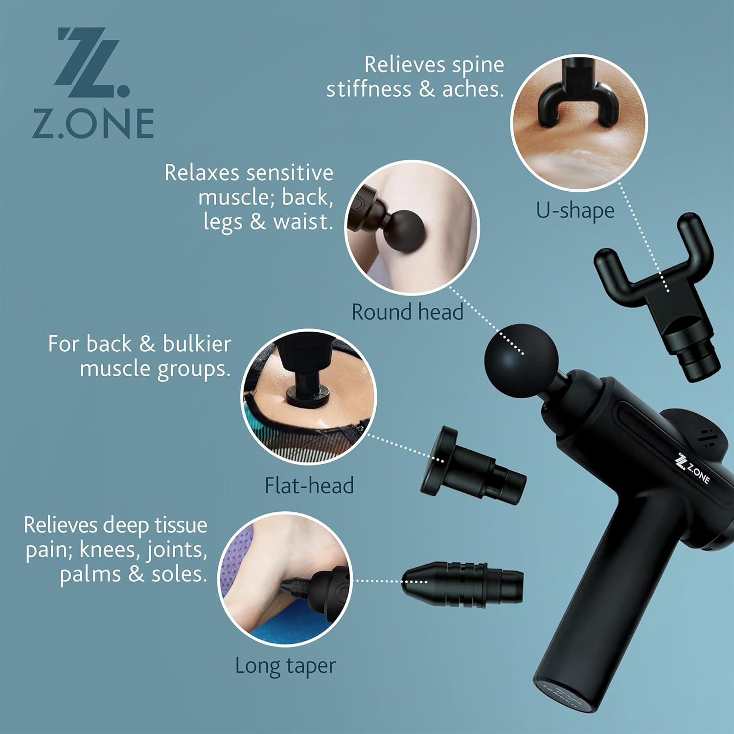Z.ONE Tiefengewebe-Massagepistole zur Muskelentspannung – mit 4 Aufsätzen, leistungsstarker, leiser Motor, USB-C, wiederaufladbar, tragbar, für Rücken, Beine, Nacken, Schultern, Ganzkörperentspannung, 1 Stück – Bild 3