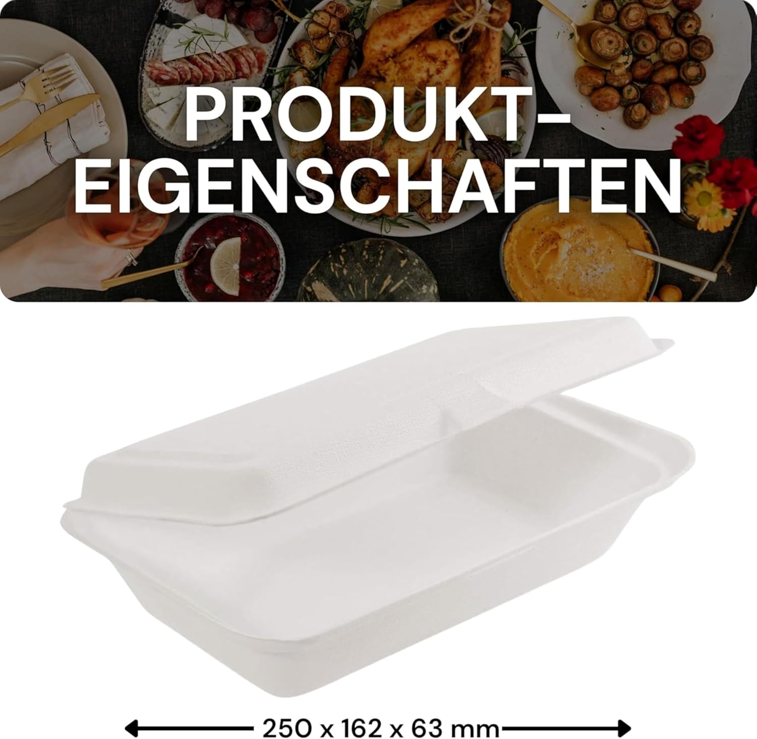 Bio-Take-Away-Box, weiß, 250 x 162 x 63 mm, aus Zuckerrohr, nachhaltige To-Go-Lunchbox, Lebensmittelbox mit Deckel, Einweg-Lebensmittelbehälter, kompostierbar, auslaufsicher (50 Stück) – Bild 2
