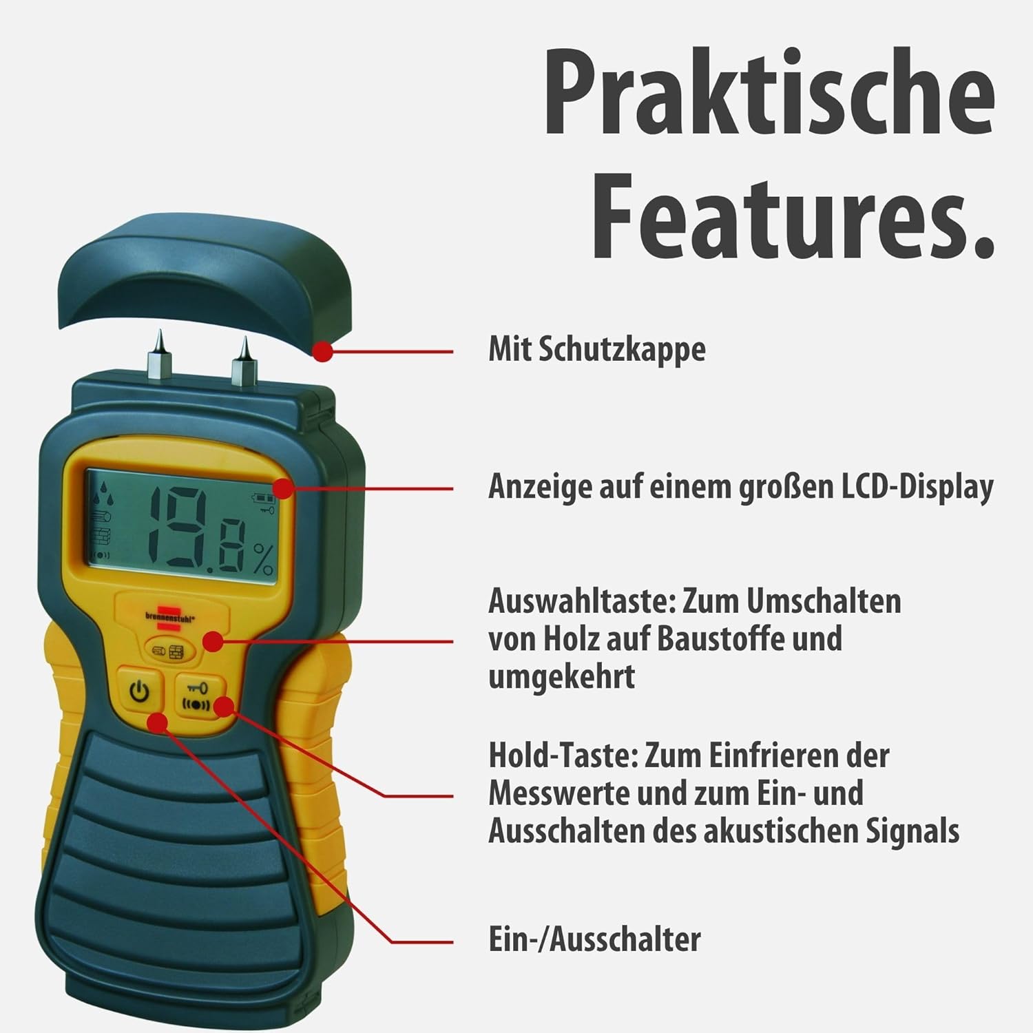 Brennenstuhl Moisture Detector MD (Feuchtemessgerät / Feuchtemessgerät für Holz oder Baustoffe, mit LCD-Display) – Bild 3